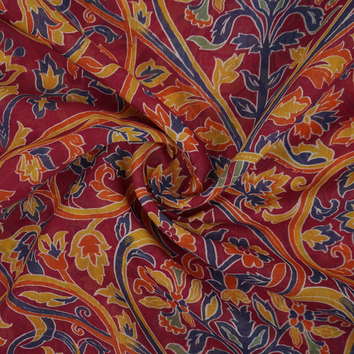 Maroon with Multicolor Kalamkari print Mul Chanderi Fabric VF-31345 - TradeUNO