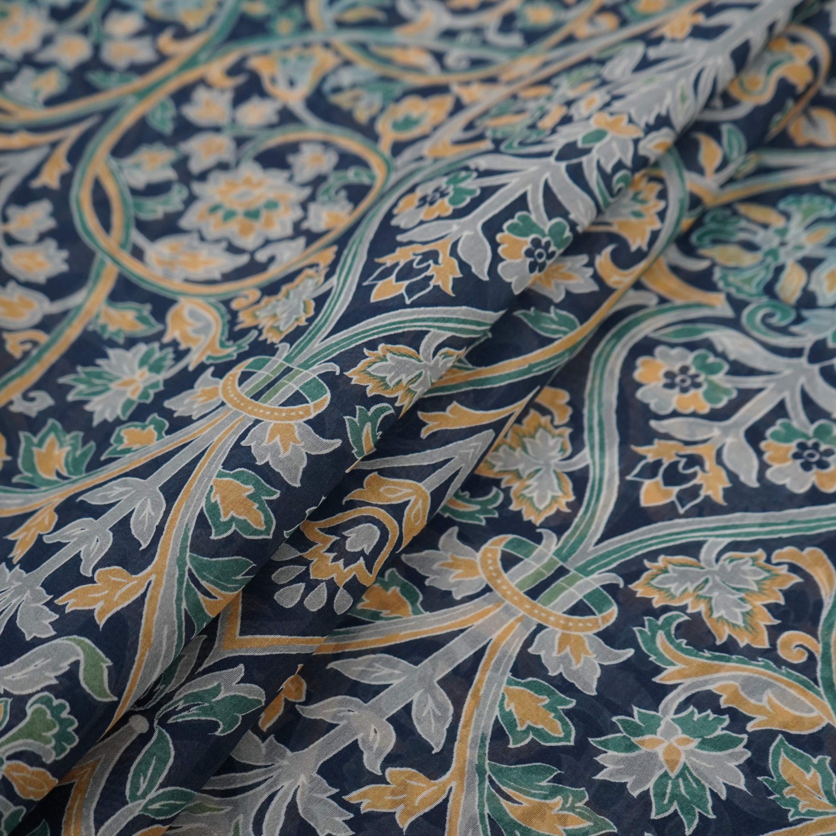 Navy Blue with Multicolor Kalamkari print Mul Chanderi Fabric VF-31346 - TradeUNO