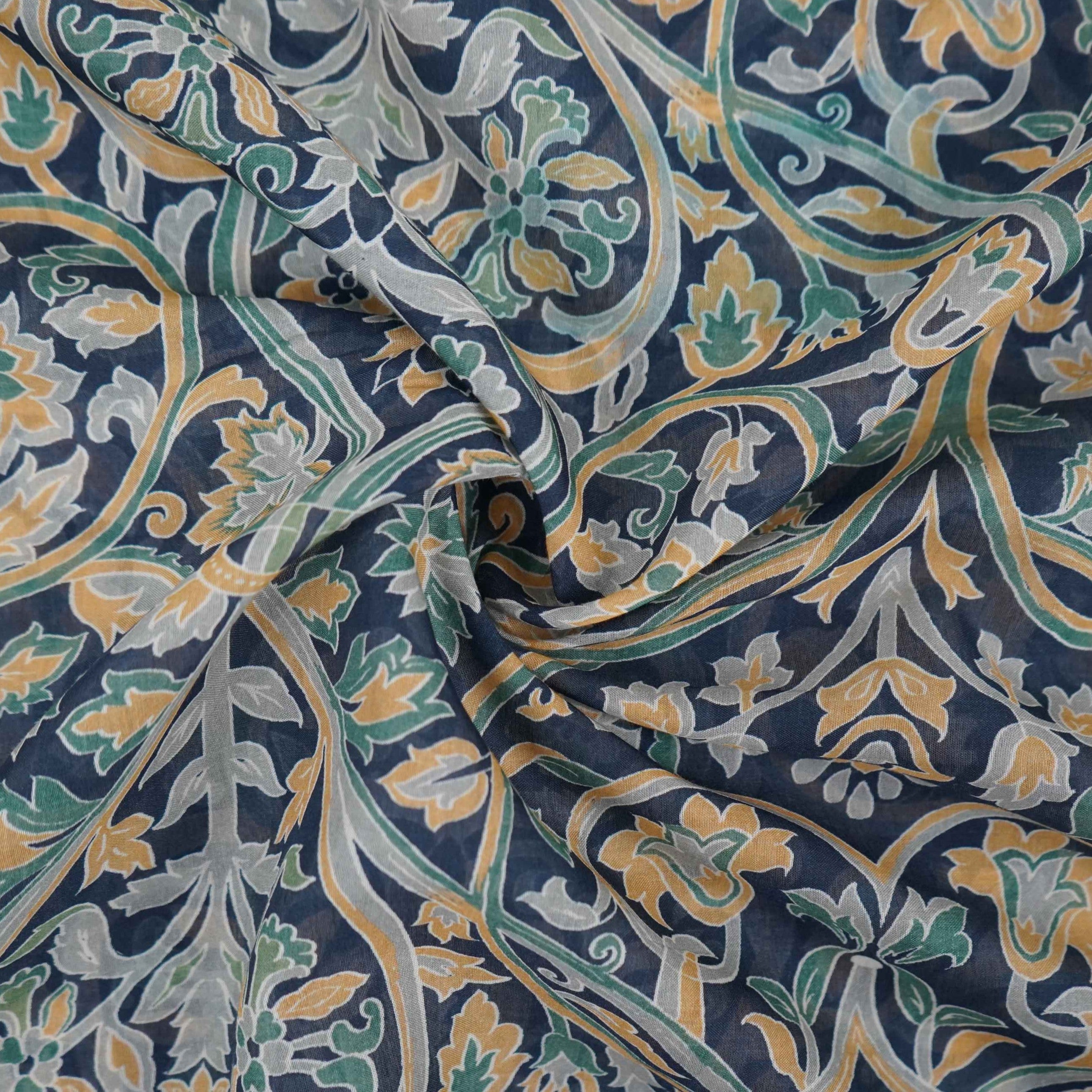 Navy Blue with Multicolor Kalamkari print Mul Chanderi Fabric VF-31346 - TradeUNO