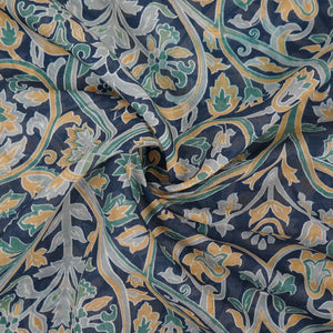 Navy Blue with Multicolor Kalamkari print Mul Chanderi Fabric VF-31346 - TradeUNO
