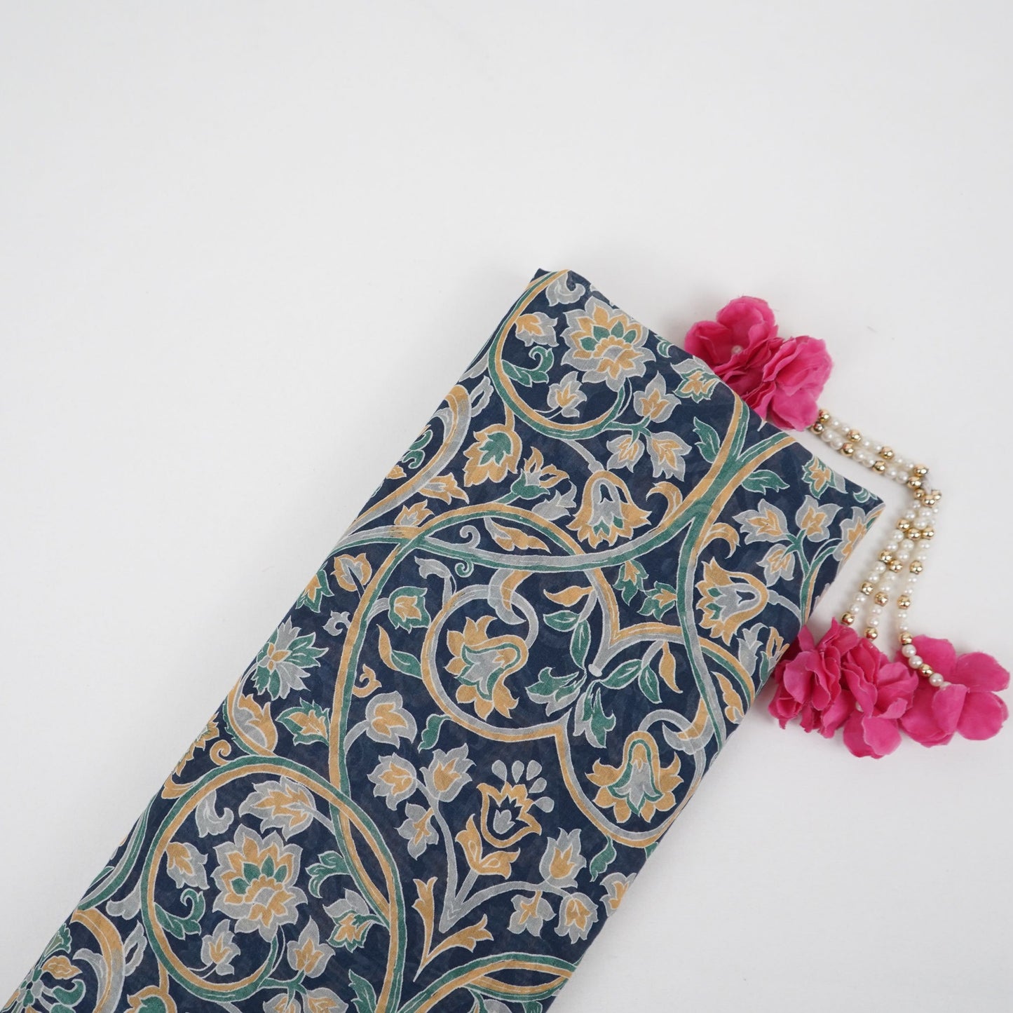 Navy Blue with Multicolor Kalamkari print Mul Chanderi Fabric VF-31346