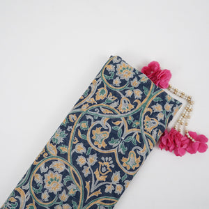 Navy Blue with Multicolor Kalamkari print Mul Chanderi Fabric VF-31346 - TradeUNO