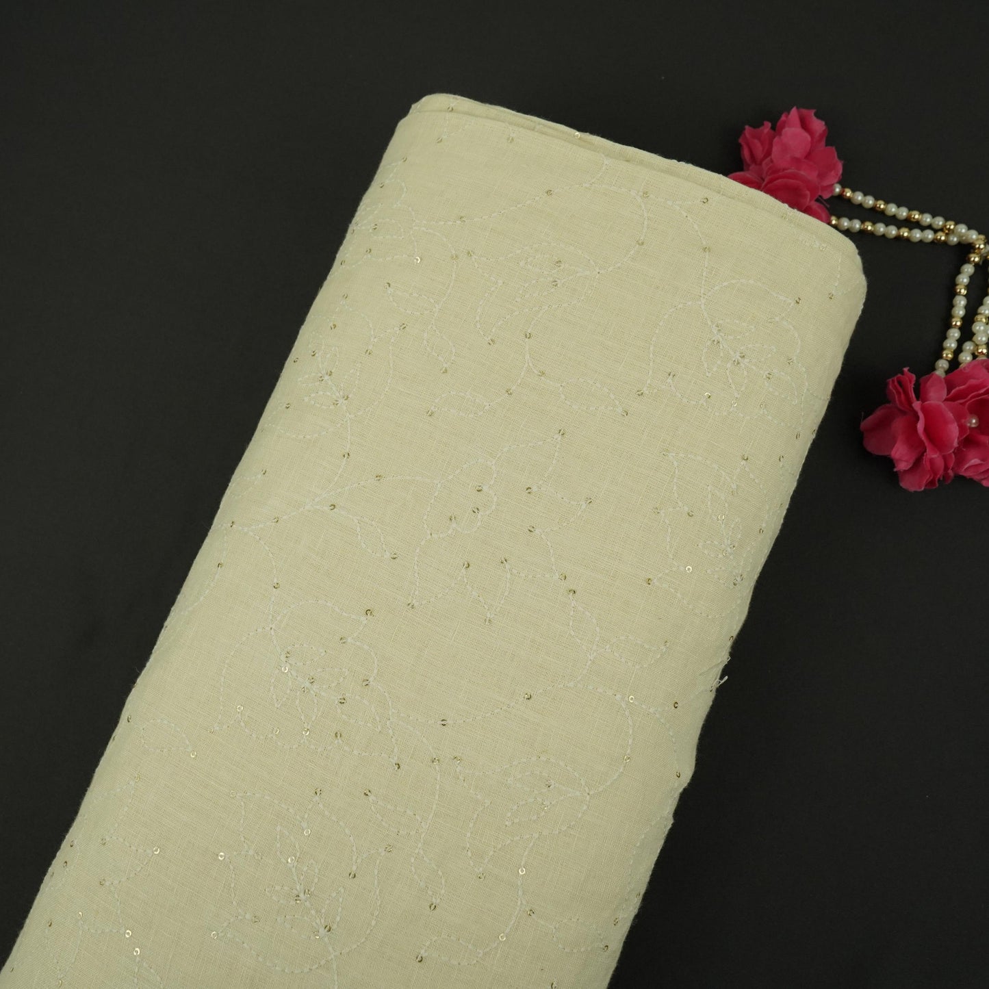 Off White thread embroidery Pure Linen Fabric SN-31242