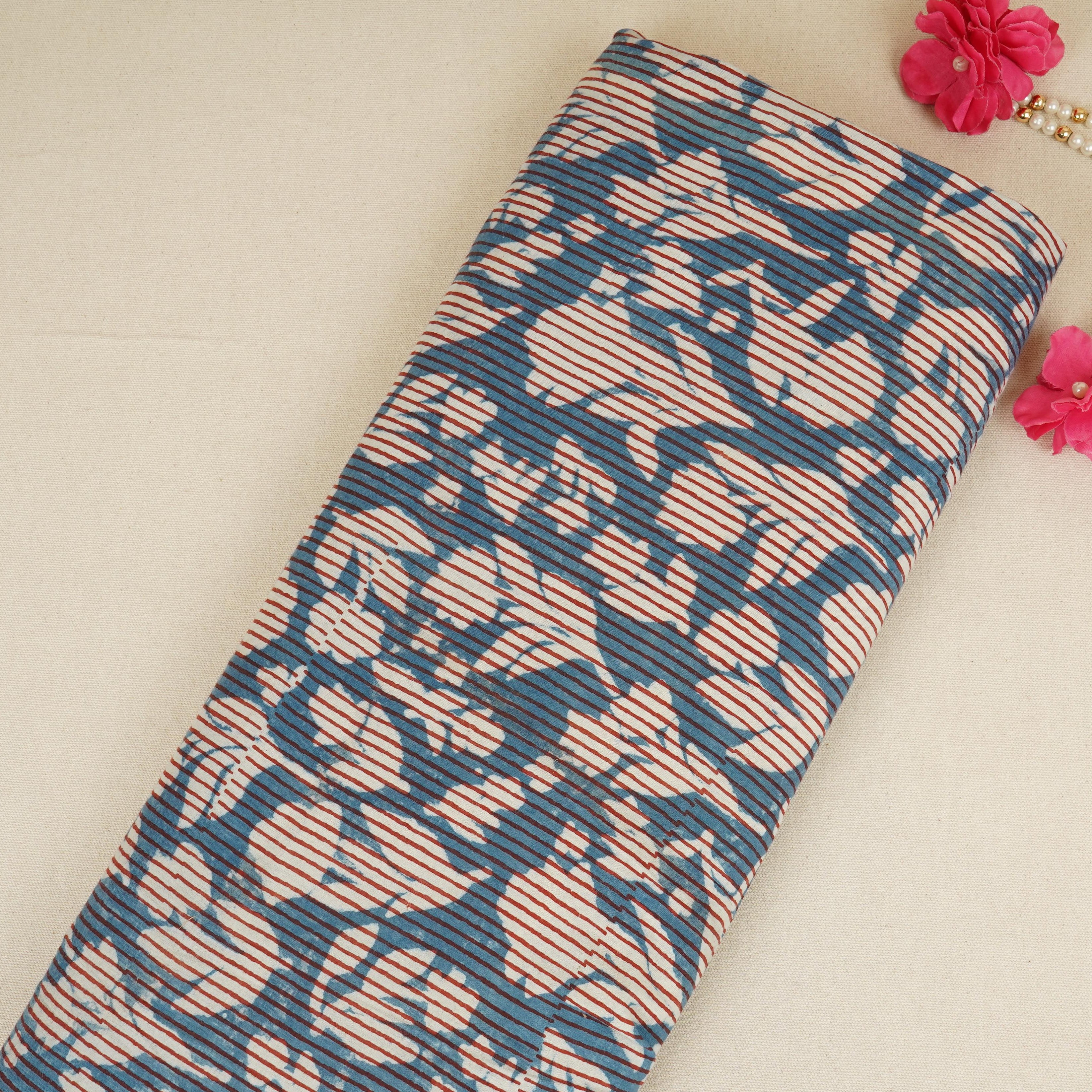Blue with Multicolor Dabu Print Cotton Fabric NC-29656 - TradeUNO