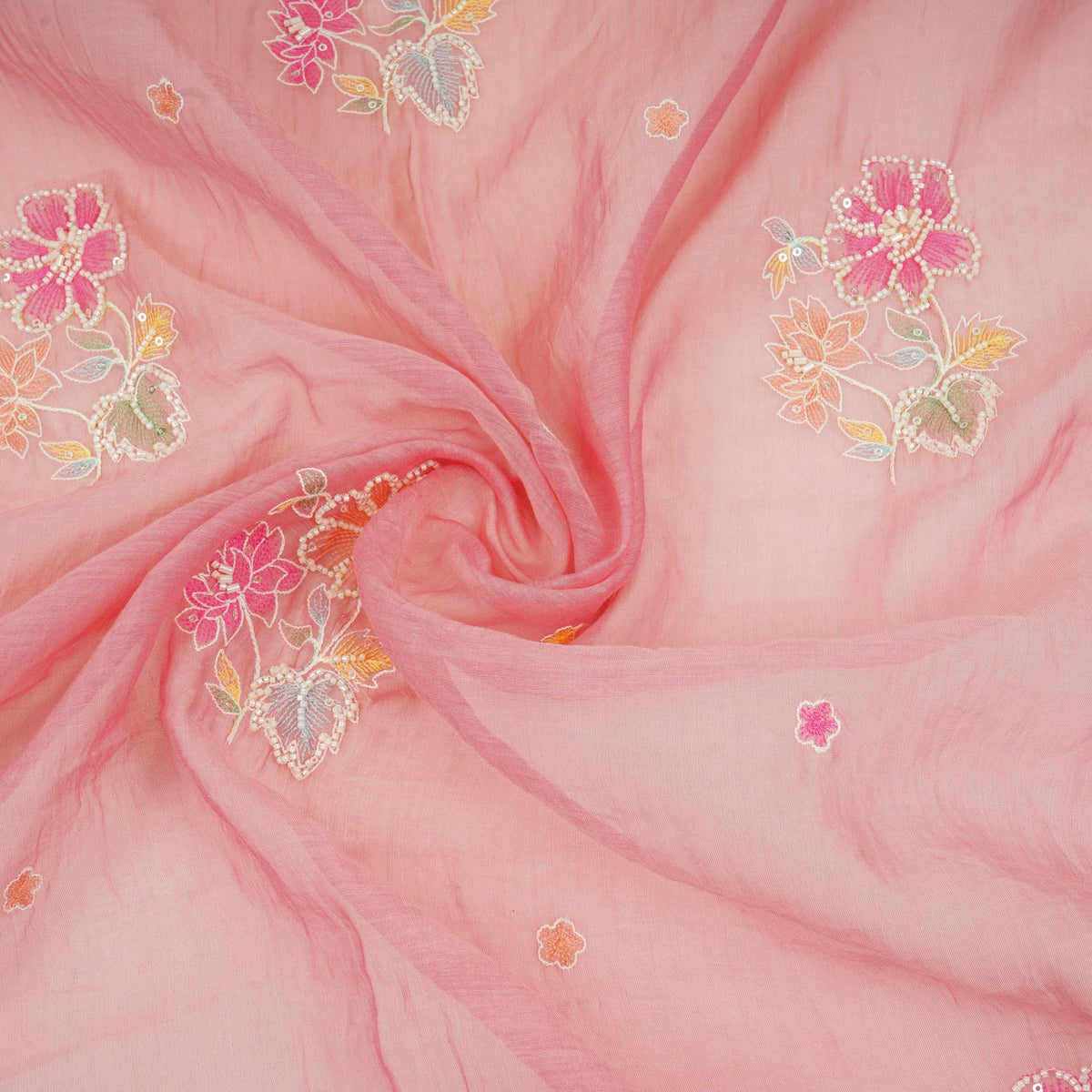 Pink Floral Cutdana Embroidery Pure Banaras Mul Chanderi Fabric SGS-30694 - TradeUNO