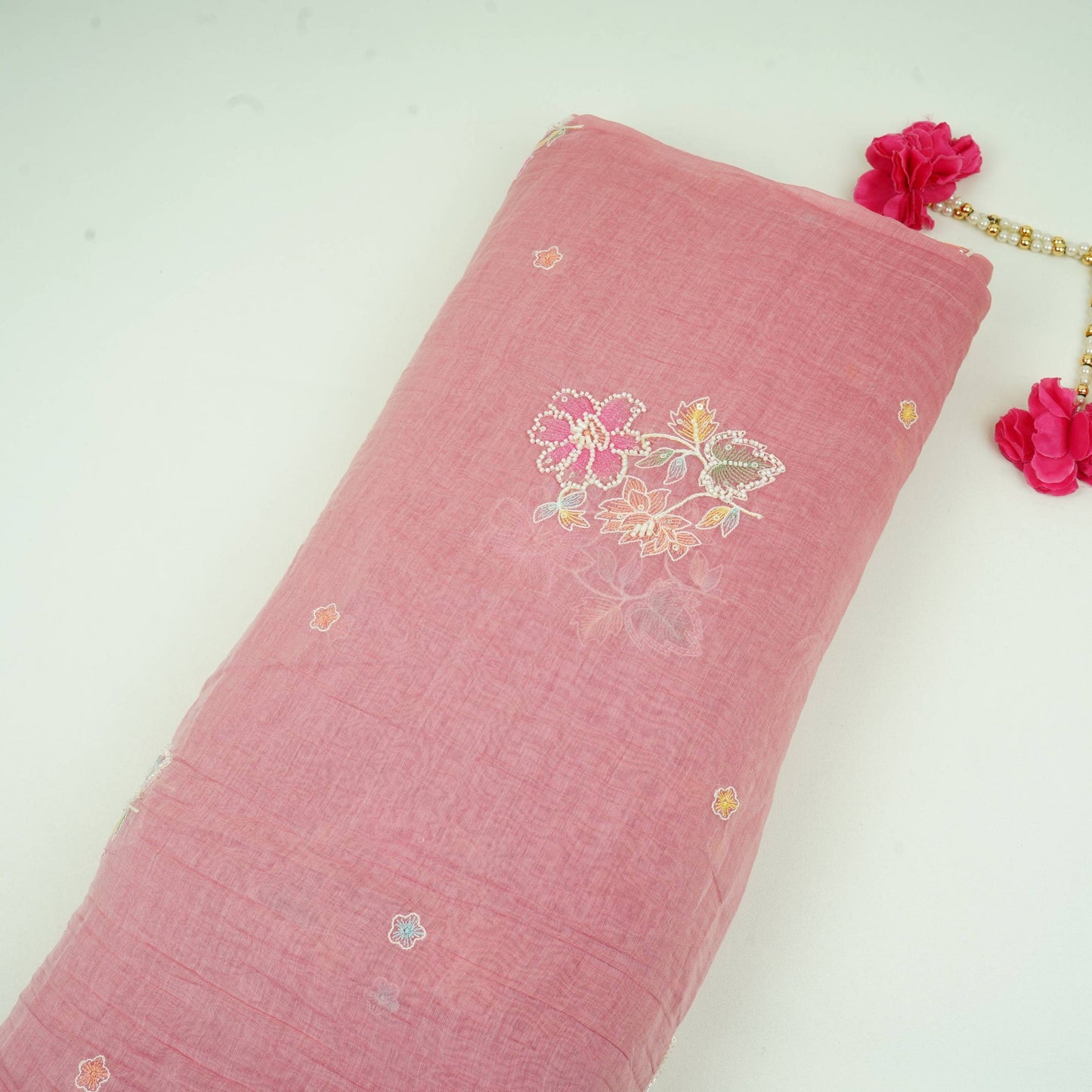 Pink Floral Cutdana Embroidery Pure Banaras Mul Chanderi Fabric SGS-30694