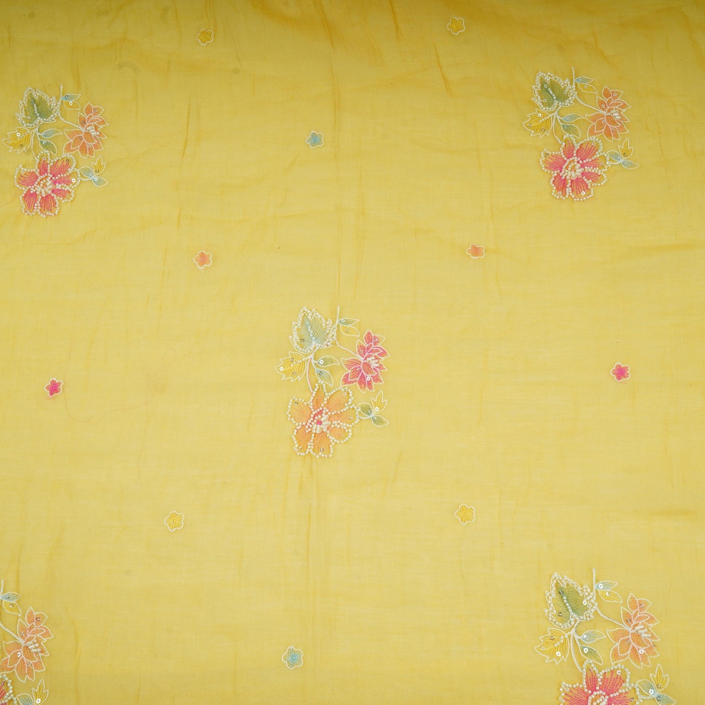 Mustard Yellow Floral Cutdana Embroidery Pure Banaras Mul Chanderi Fabric SGS-30693