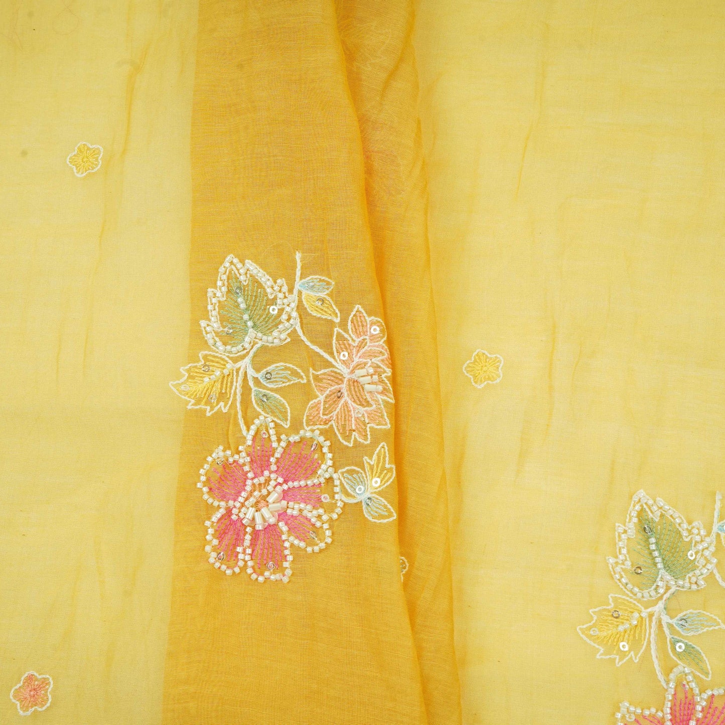 Mustard Yellow Floral Cutdana Embroidery Pure Banaras Mul Chanderi Fabric SGS-30693