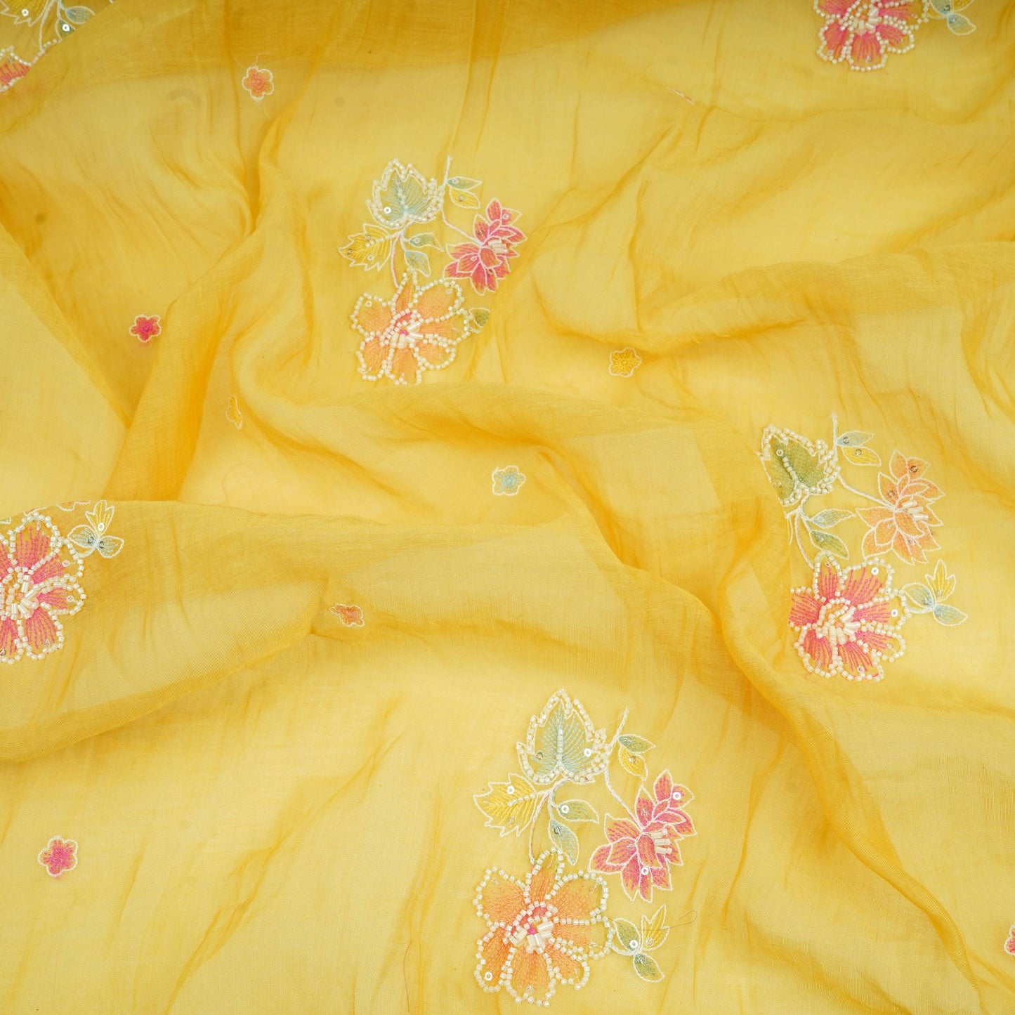 Mustard Yellow Floral Cutdana Embroidery Pure Banaras Mul Chanderi Fabric SGS-30693