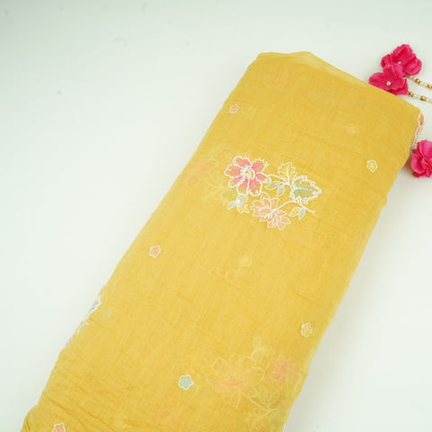 Mustard Yellow Floral Cutdana Embroidery Pure Banaras Mul Chanderi Fabric SGS-30693