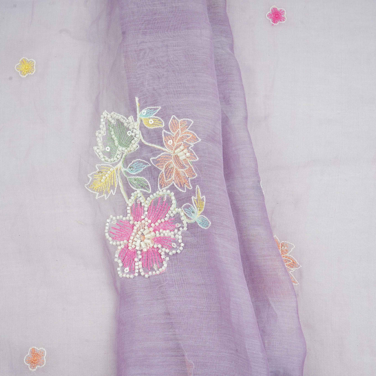 Lavender Floral Cutdana Embroidery Pure Banaras Mul Chanderi Fabric SGS-30695 - TradeUNO