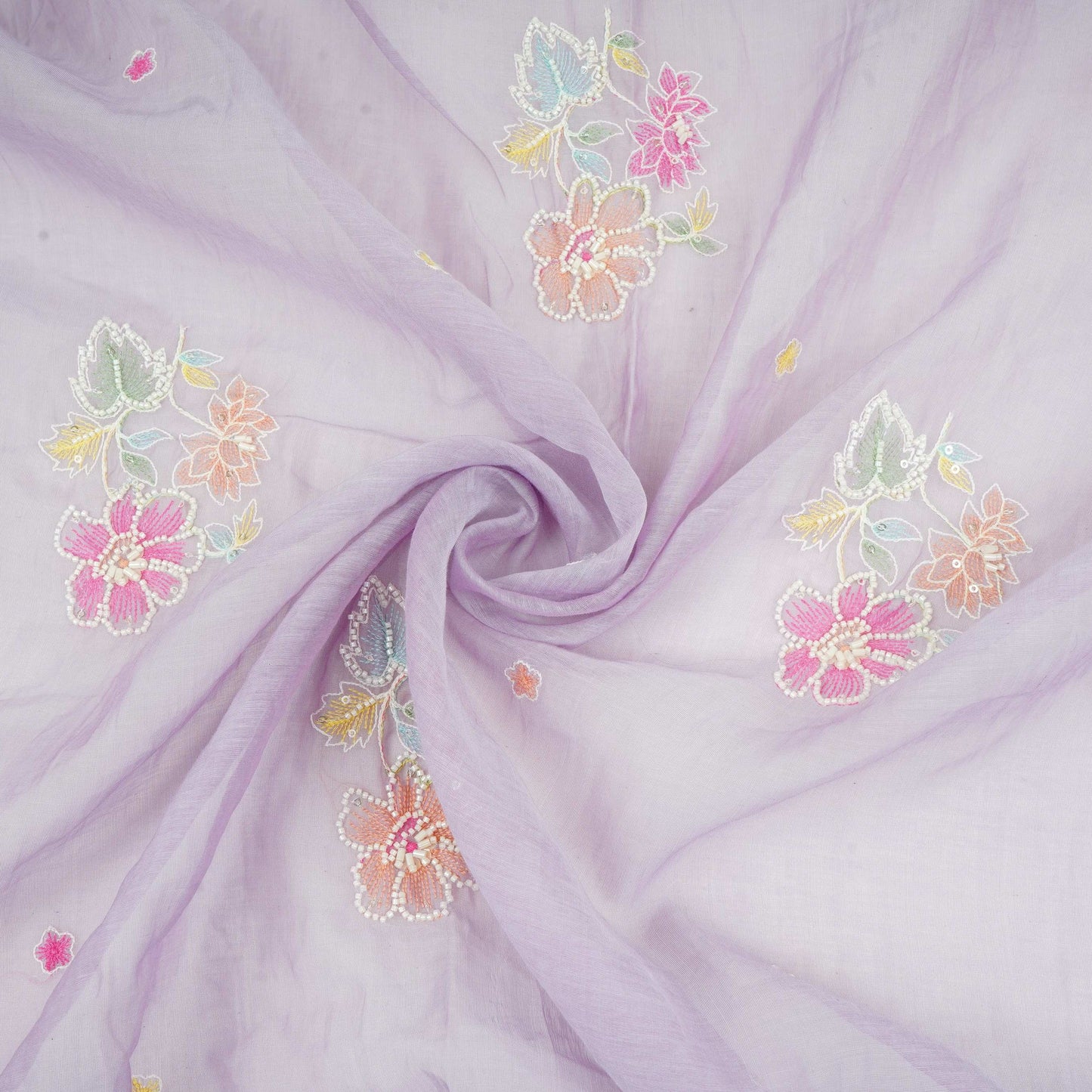 Lavender Floral Cutdana Embroidery Pure Banaras Mul Chanderi Fabric SGS-30695
