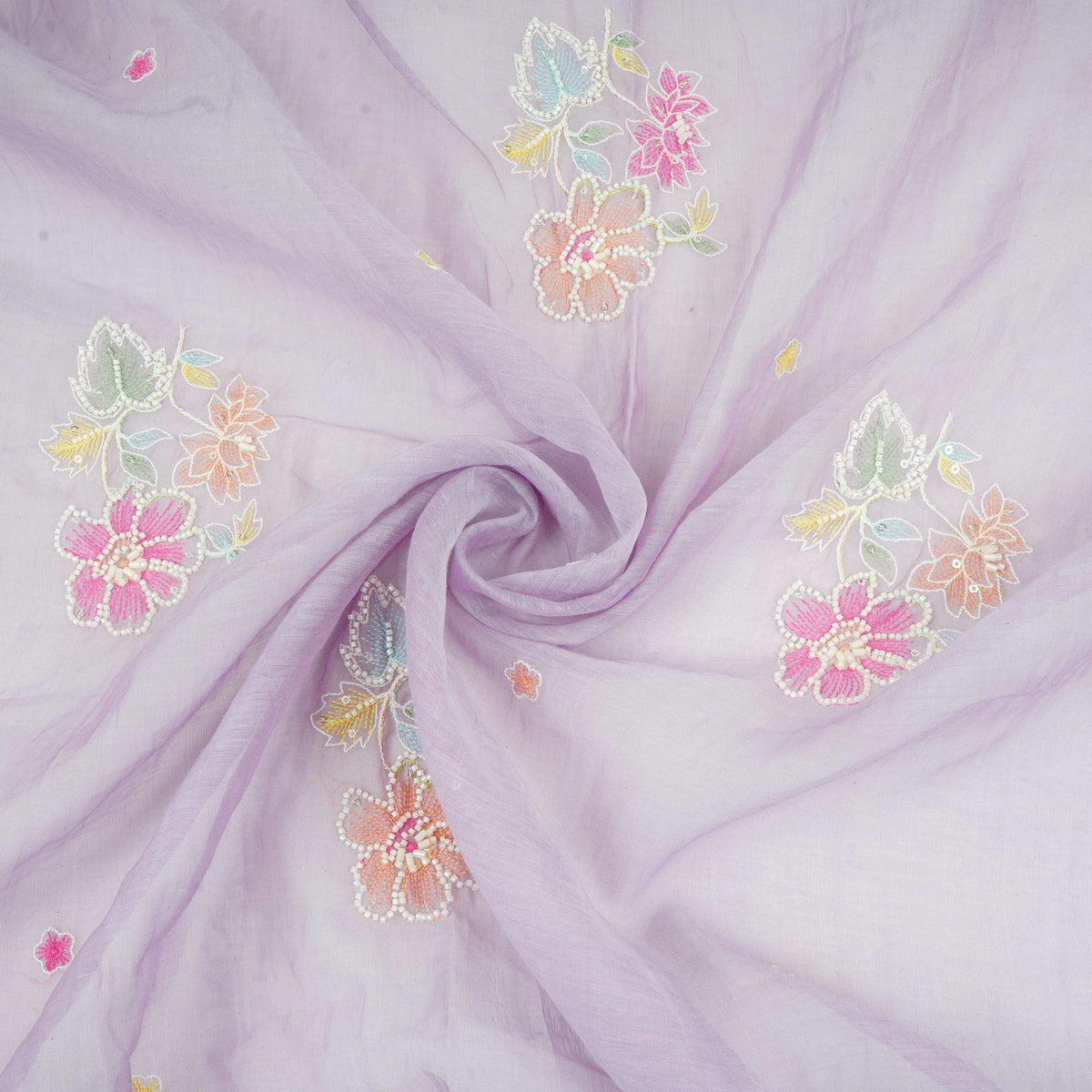 Lavender Floral Cutdana Embroidery Pure Banaras Mul Chanderi Fabric SGS-30695 - TradeUNO