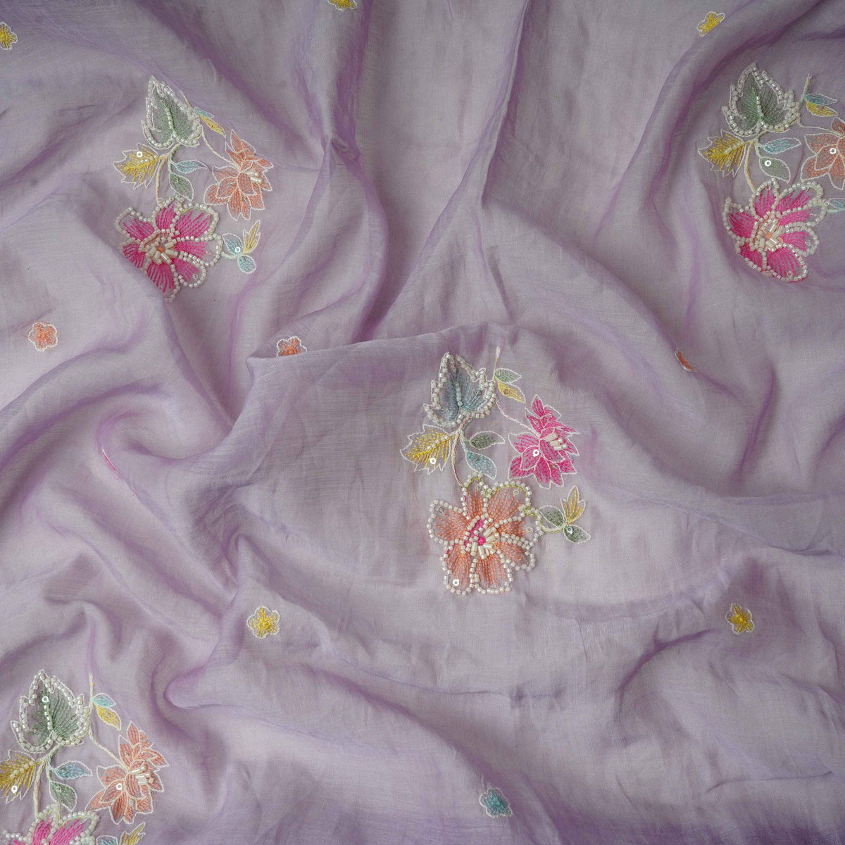 Lavender Floral Cutdana Embroidery Pure Banaras Mul Chanderi Fabric SGS-30695 - TradeUNO