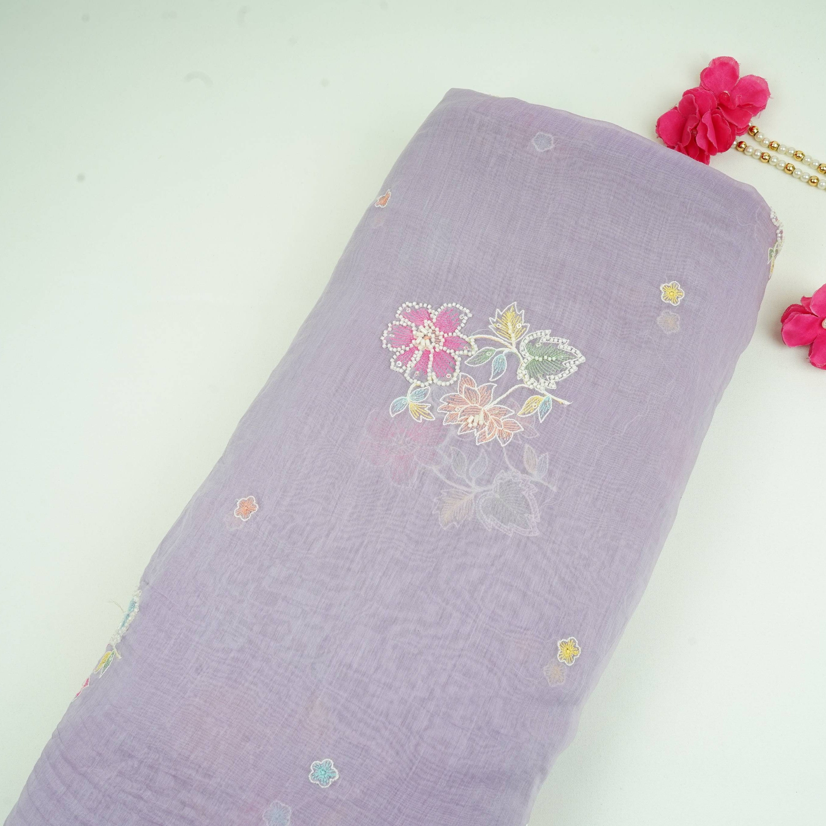 Lavender Floral Cutdana Embroidery Pure Banaras Mul Chanderi Fabric SGS-30695 - TradeUNO