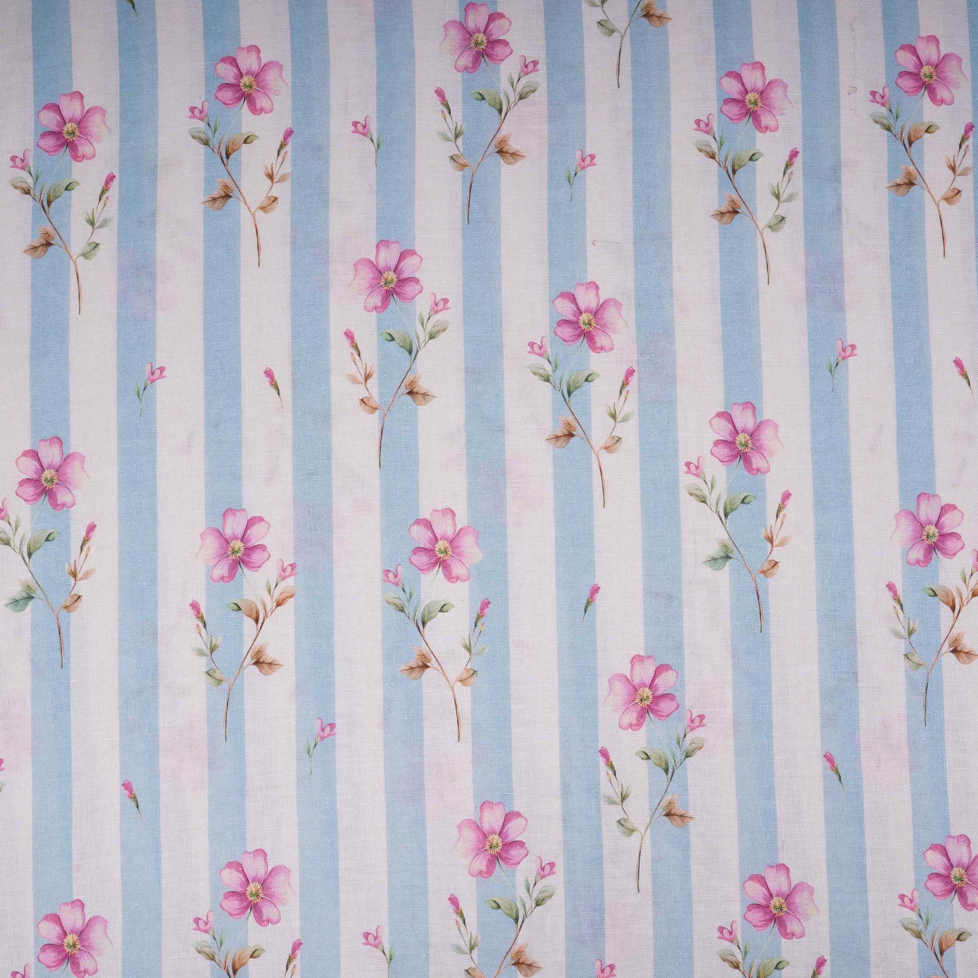 Dusty Blue with Off White Stripes floral 40s Pure Linen Fabric VF-31323 - TradeUNO