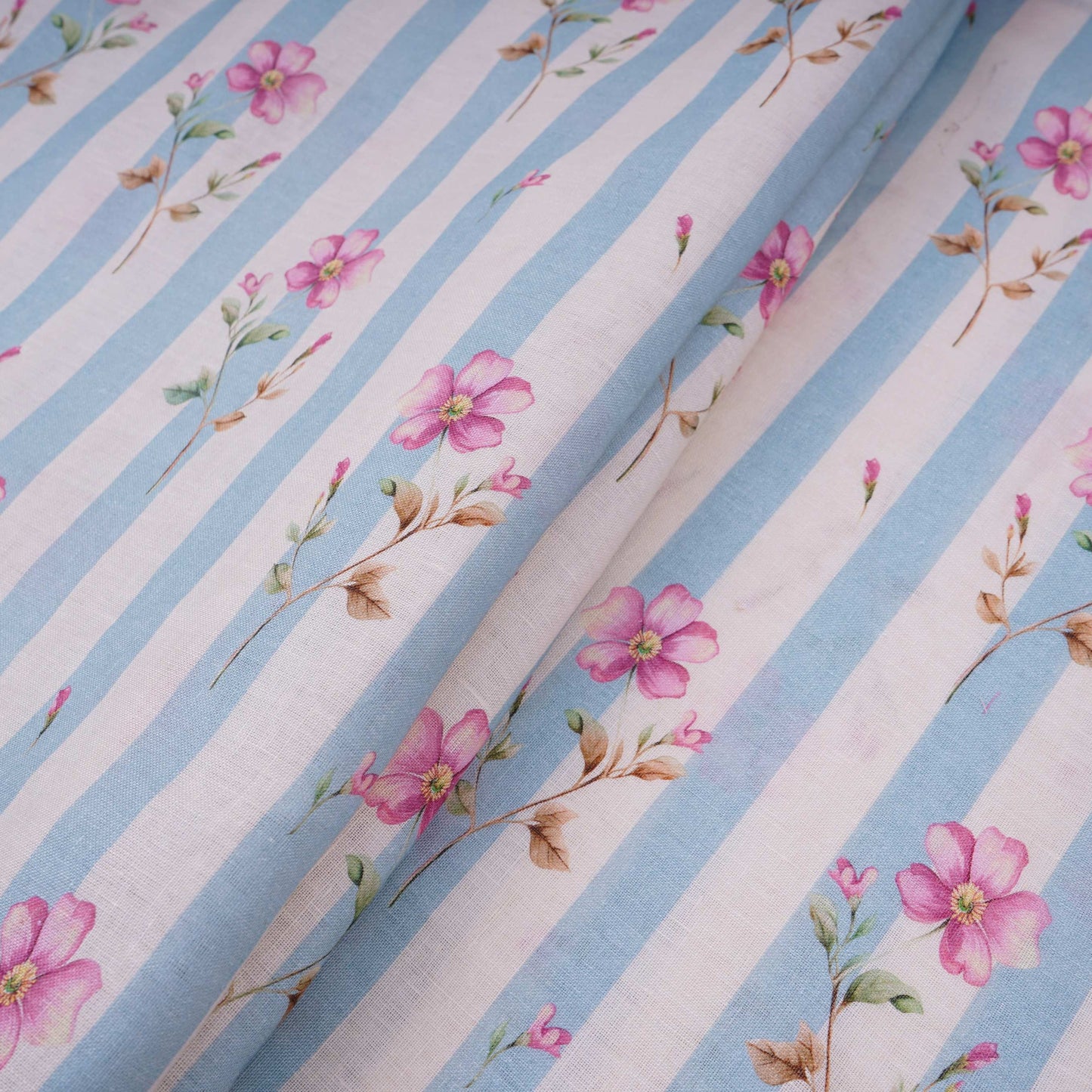 Dusty Blue with Off White Stripes floral 40s Pure Linen Fabric VF-31323 - TradeUNO