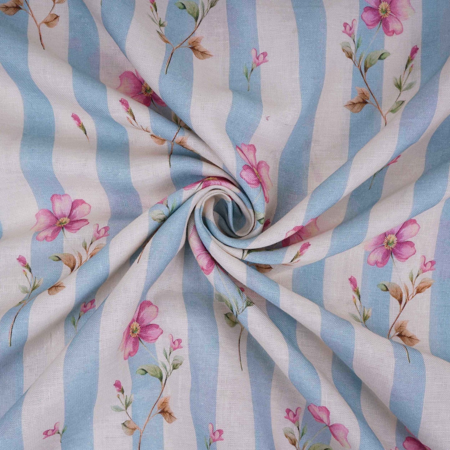 Dusty Blue with Off White Stripes floral 40s Pure Linen Fabric VF-31323 - TradeUNO