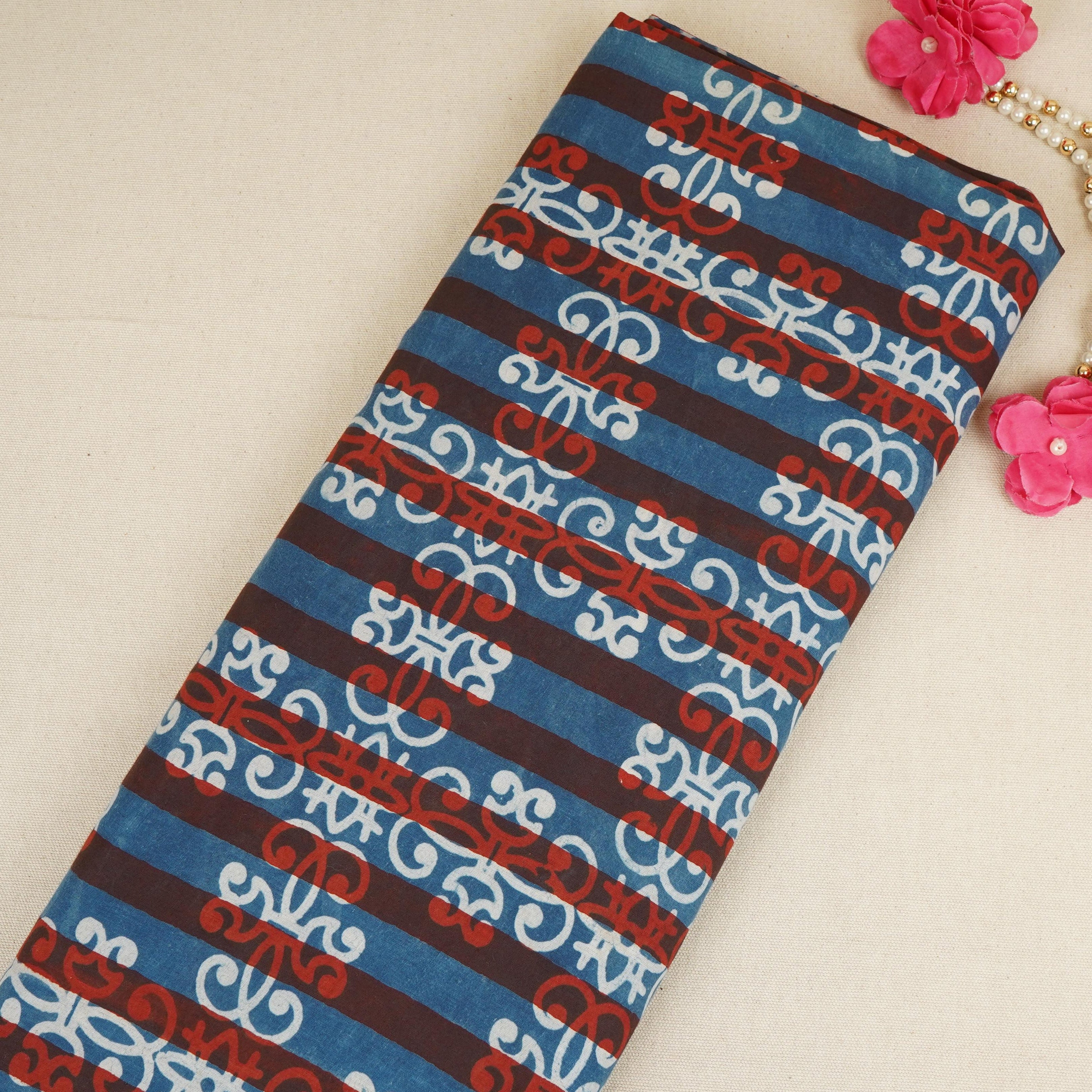 Blue & Red Dabu Print Cotton Fabric NC-29657 - TradeUNO