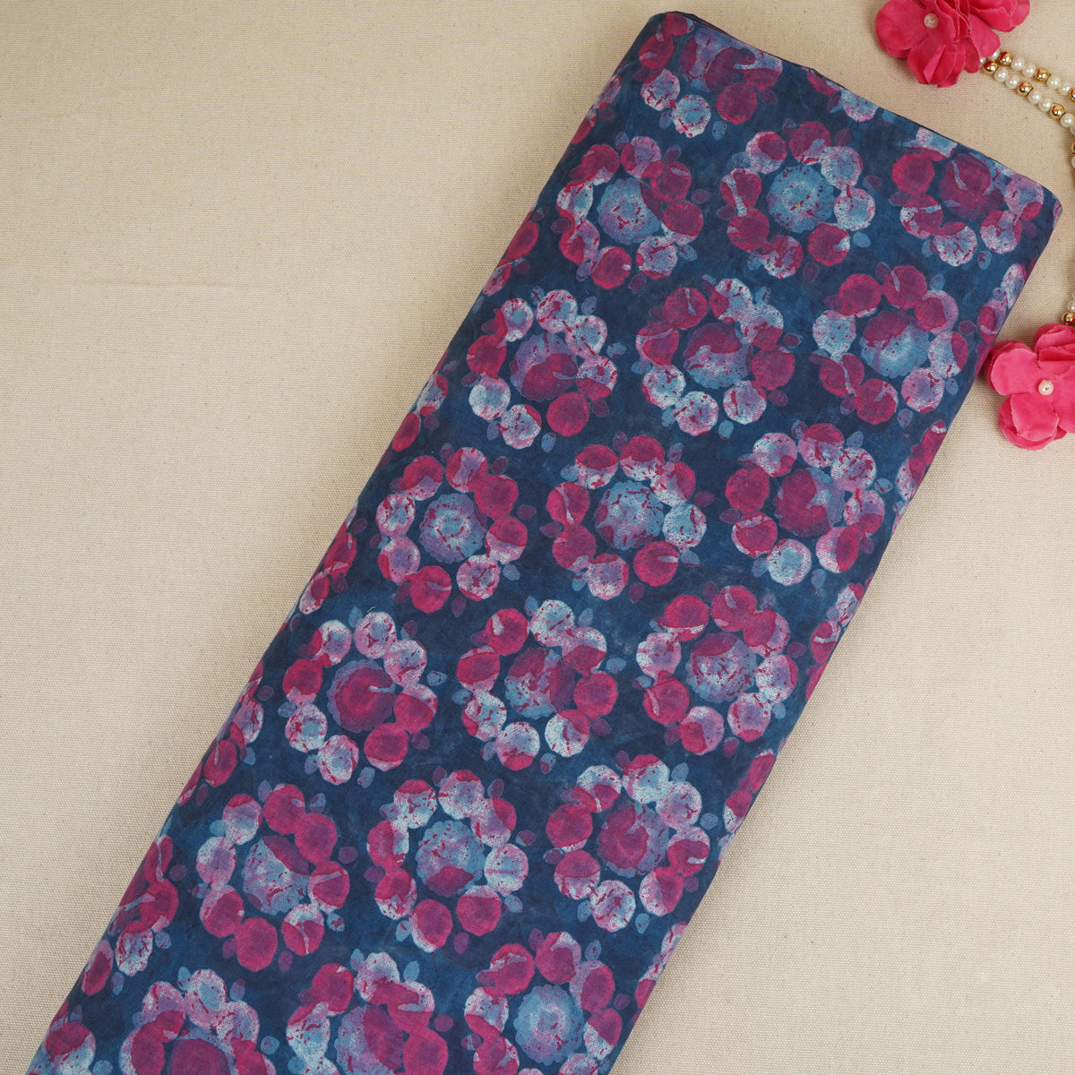 Blue with Multicolor Dabu Print Cotton Fabric NC-29667 - TradeUNO