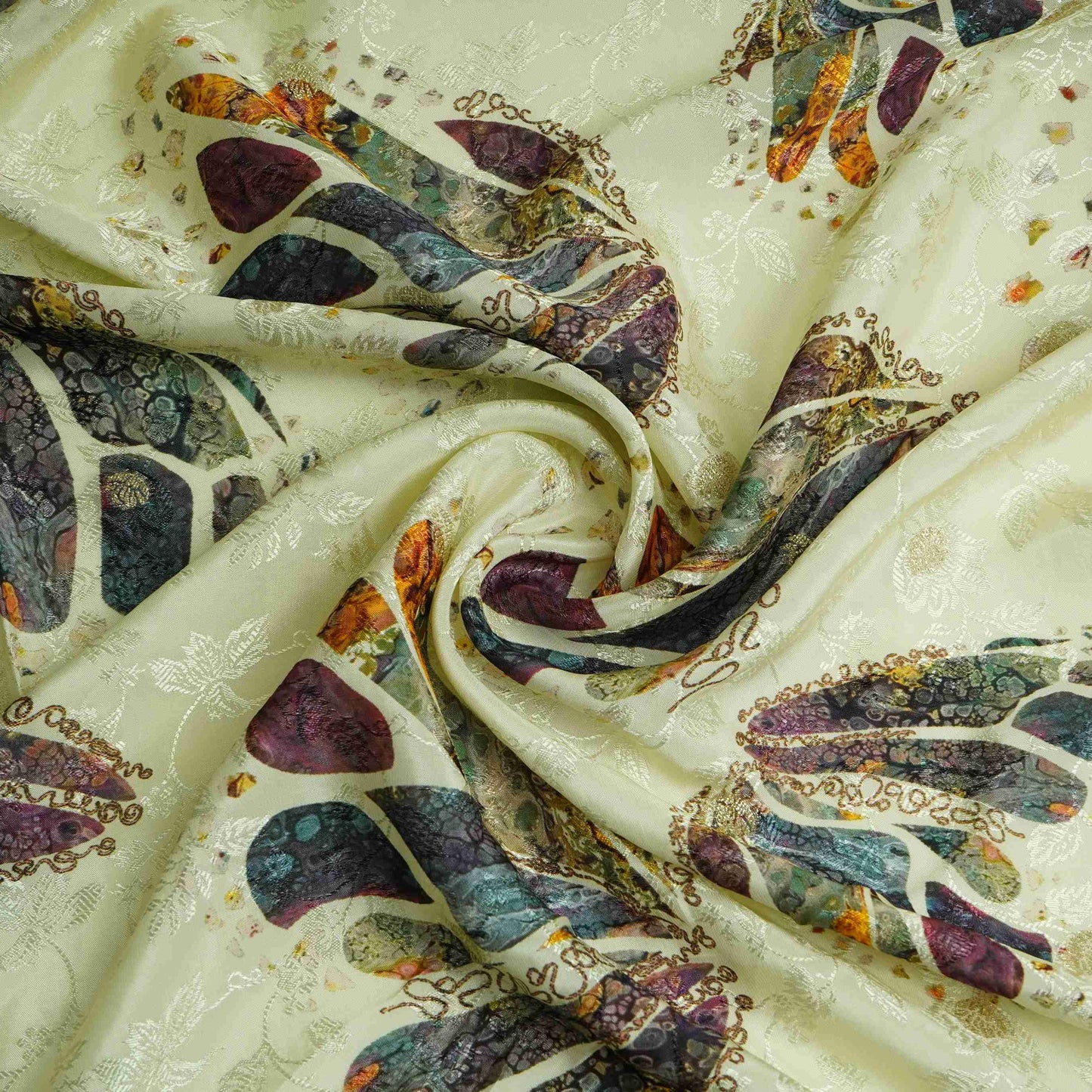 Cream floral Jari Jacquard Pure Bemberg Crepe Fabric MTFG-31096