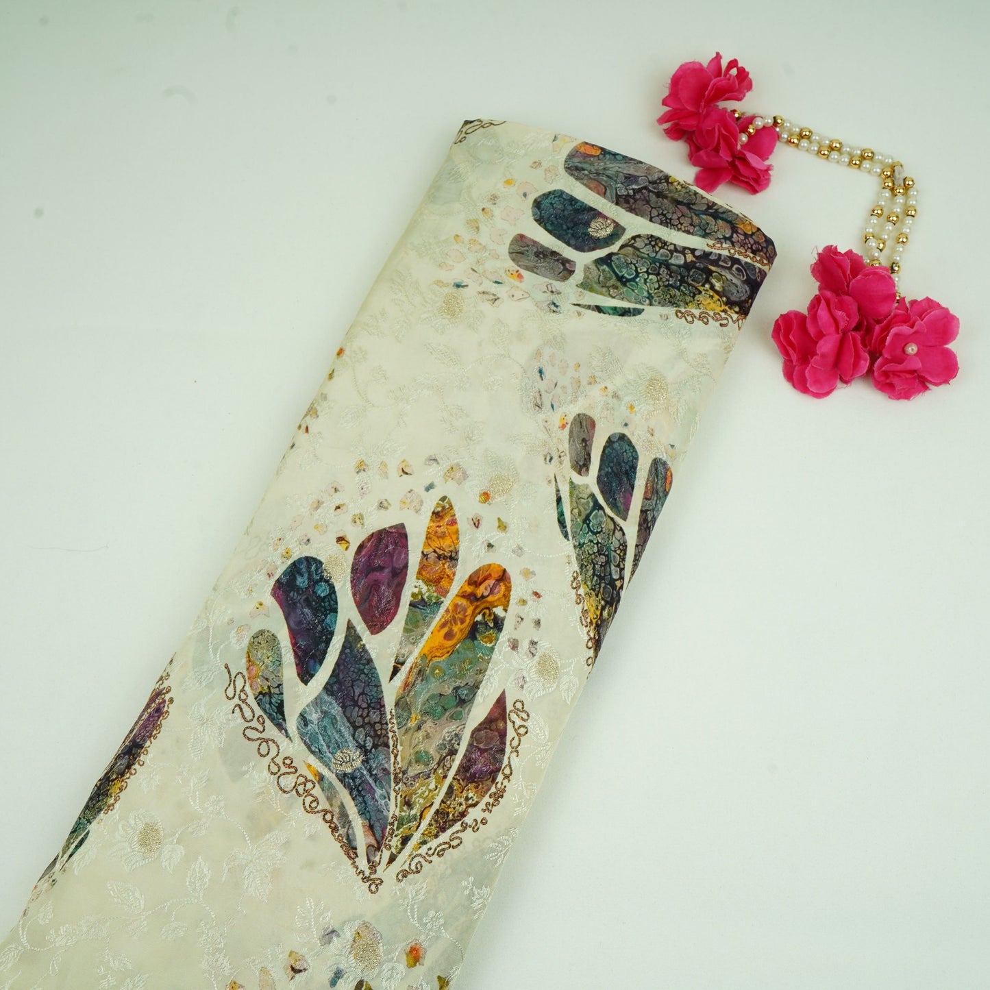 Cream floral Jari Jacquard Pure Bemberg Crepe Fabric MTFG-31096