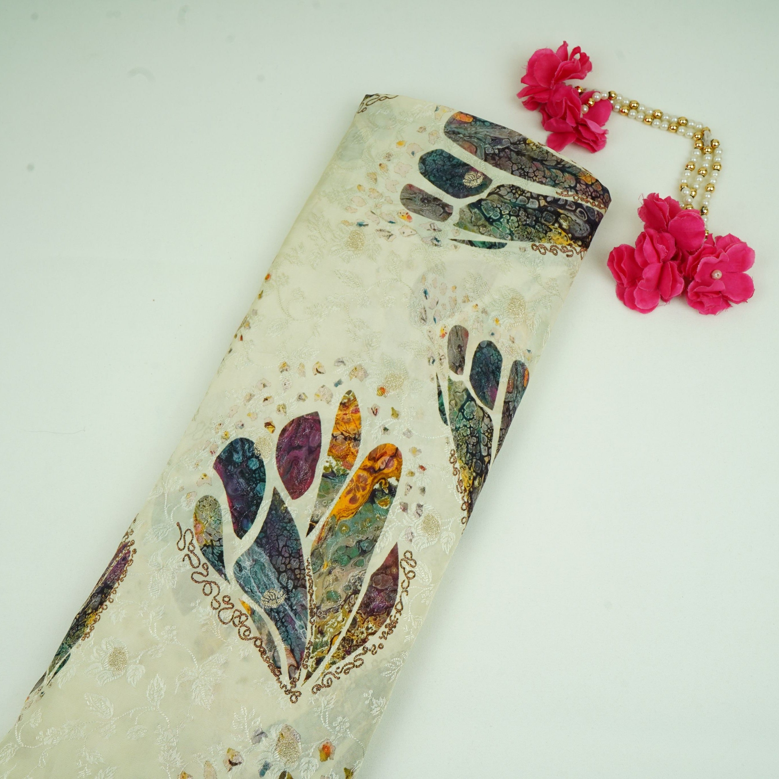 Cream floral Jari Jacquard Pure Bemberg Crepe Fabric MTFG-31096 - TradeUNO