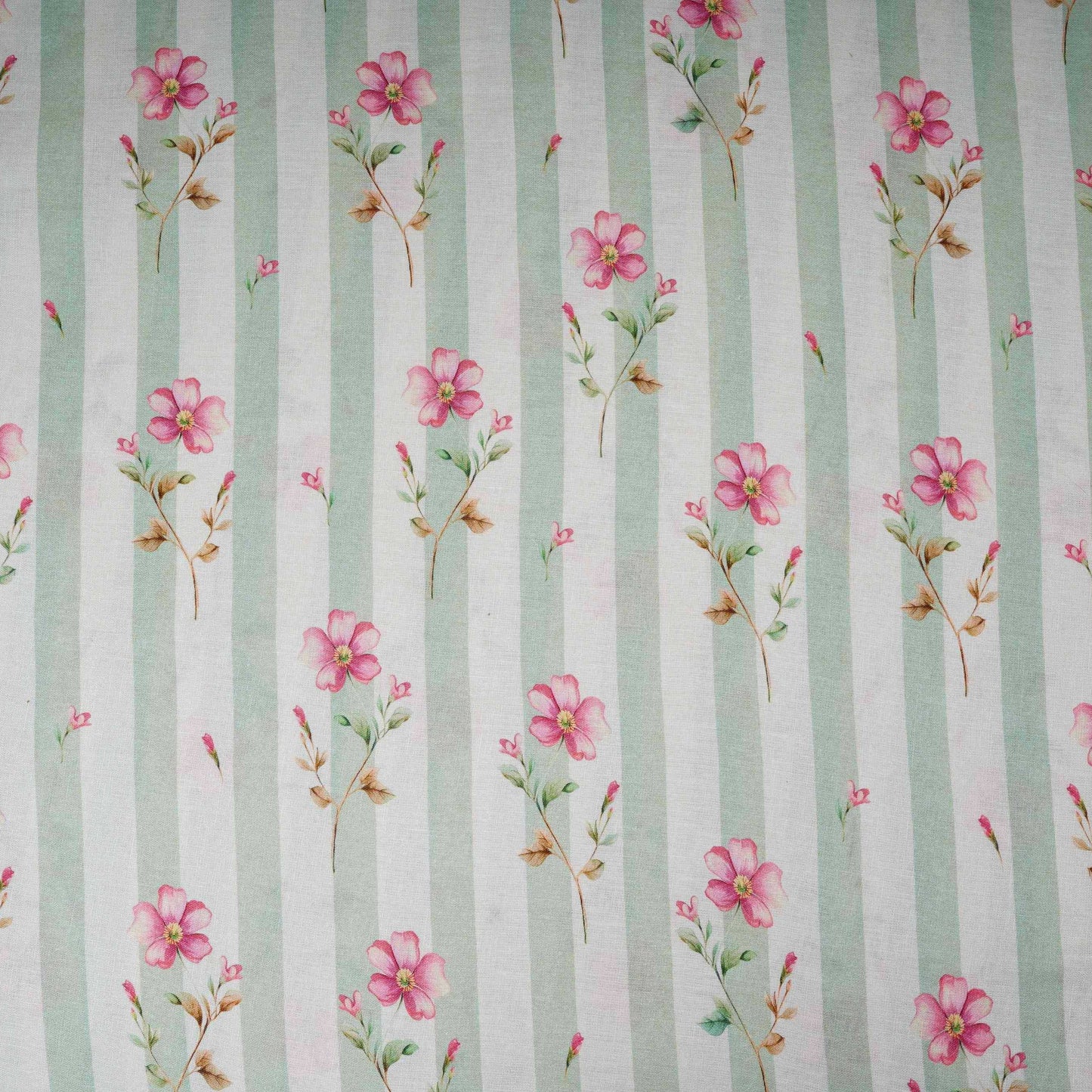 Sage Green with Off White Stripes floral 40s Pure Linen Fabric VF-31324 - TradeUNO