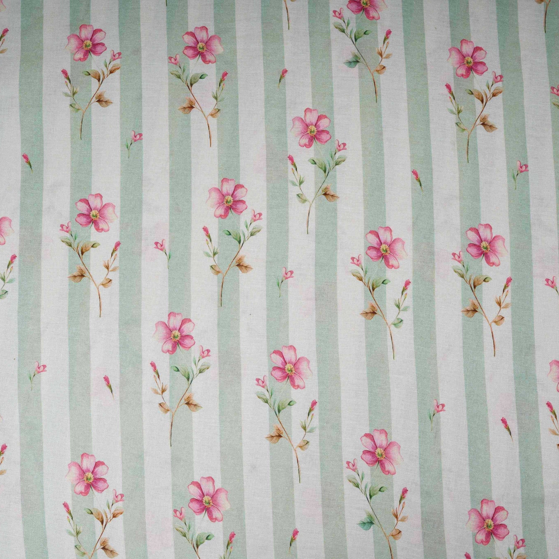 Sage Green with Off White Stripes floral 40s Pure Linen Fabric VF-31324 - TradeUNO