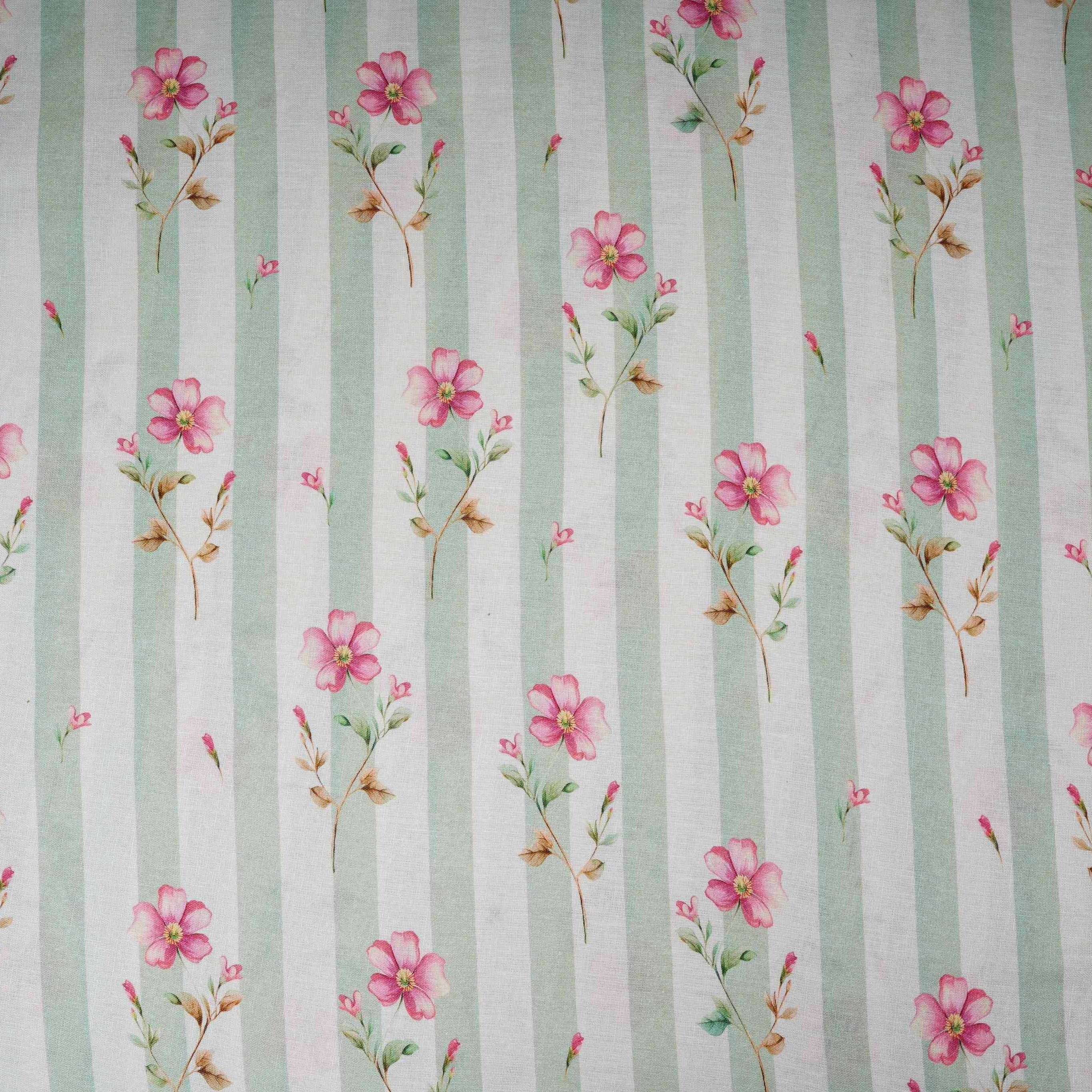 Sage Green with Off White Stripes floral 40s Pure Linen Fabric VF-31324 - TradeUNO