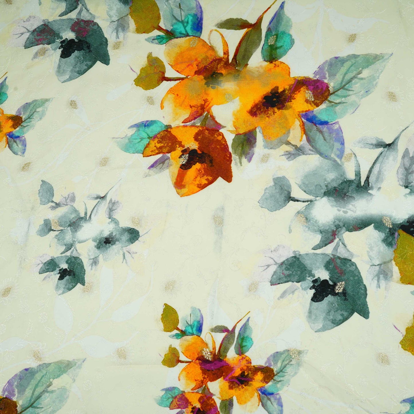Off White floral Jari Jacquard Pure Bemberg Crepe Fabric MTFG-31097