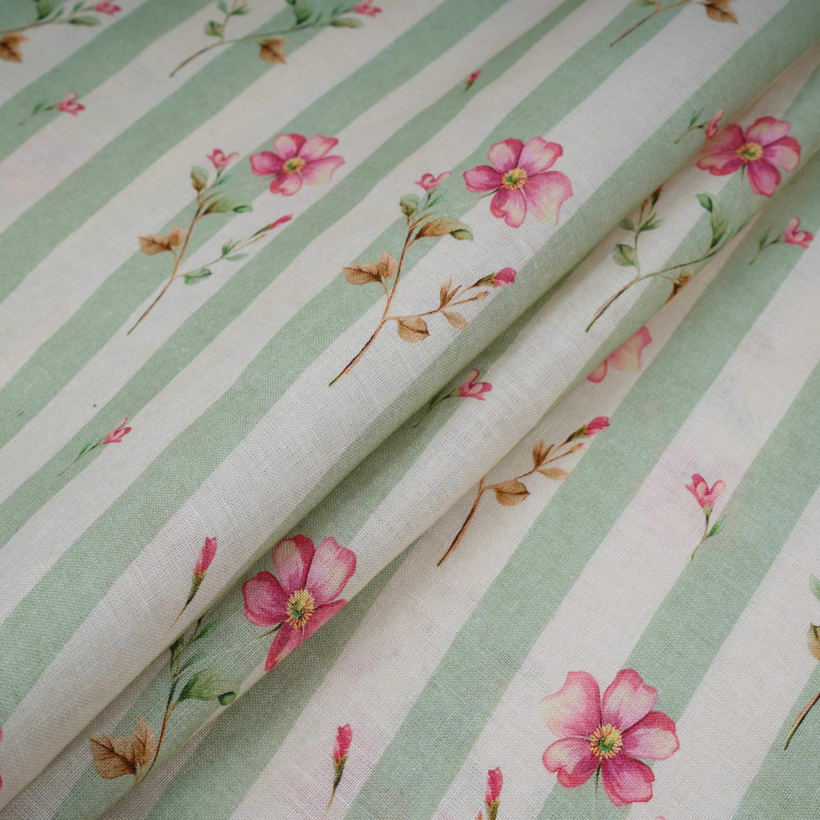 Sage Green with Off White Stripes floral 40s Pure Linen Fabric VF-31324 - TradeUNO
