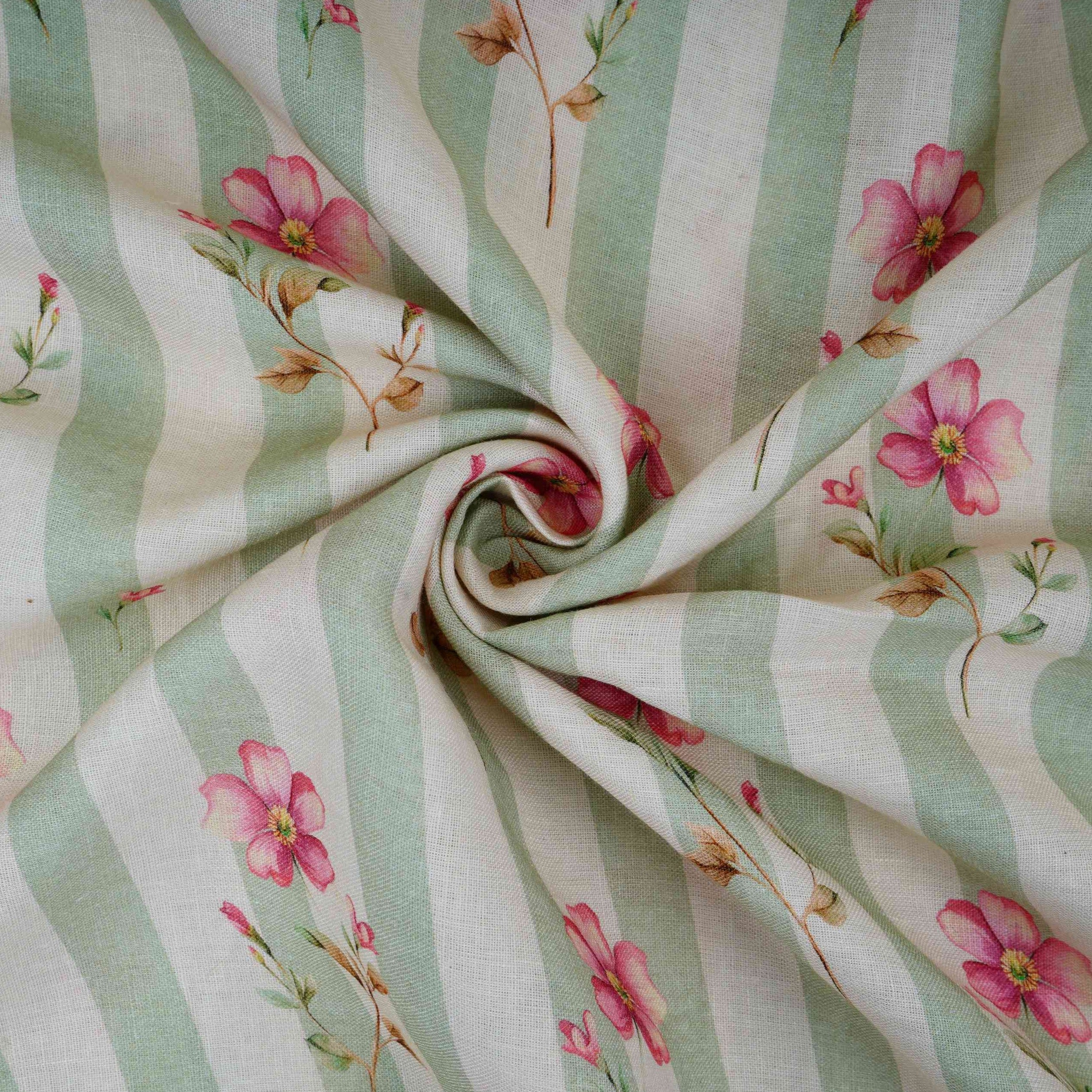 Sage Green with Off White Stripes floral 40s Pure Linen Fabric VF-31324 - TradeUNO