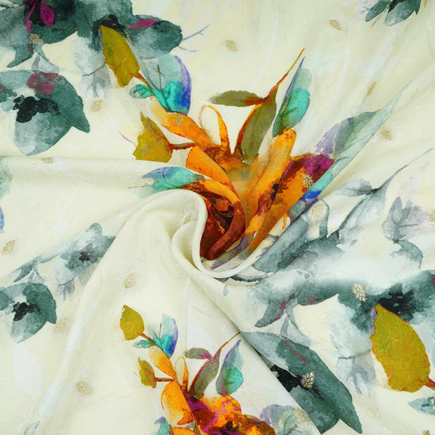 Off White floral Jari Jacquard Pure Bemberg Crepe Fabric MTFG-31097