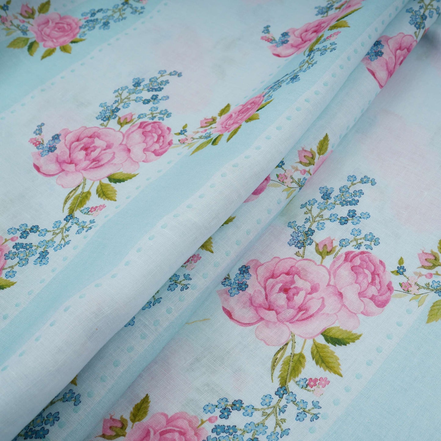 Ice Blue floral stripes print 40s Pure Linen Fabric VF-31320