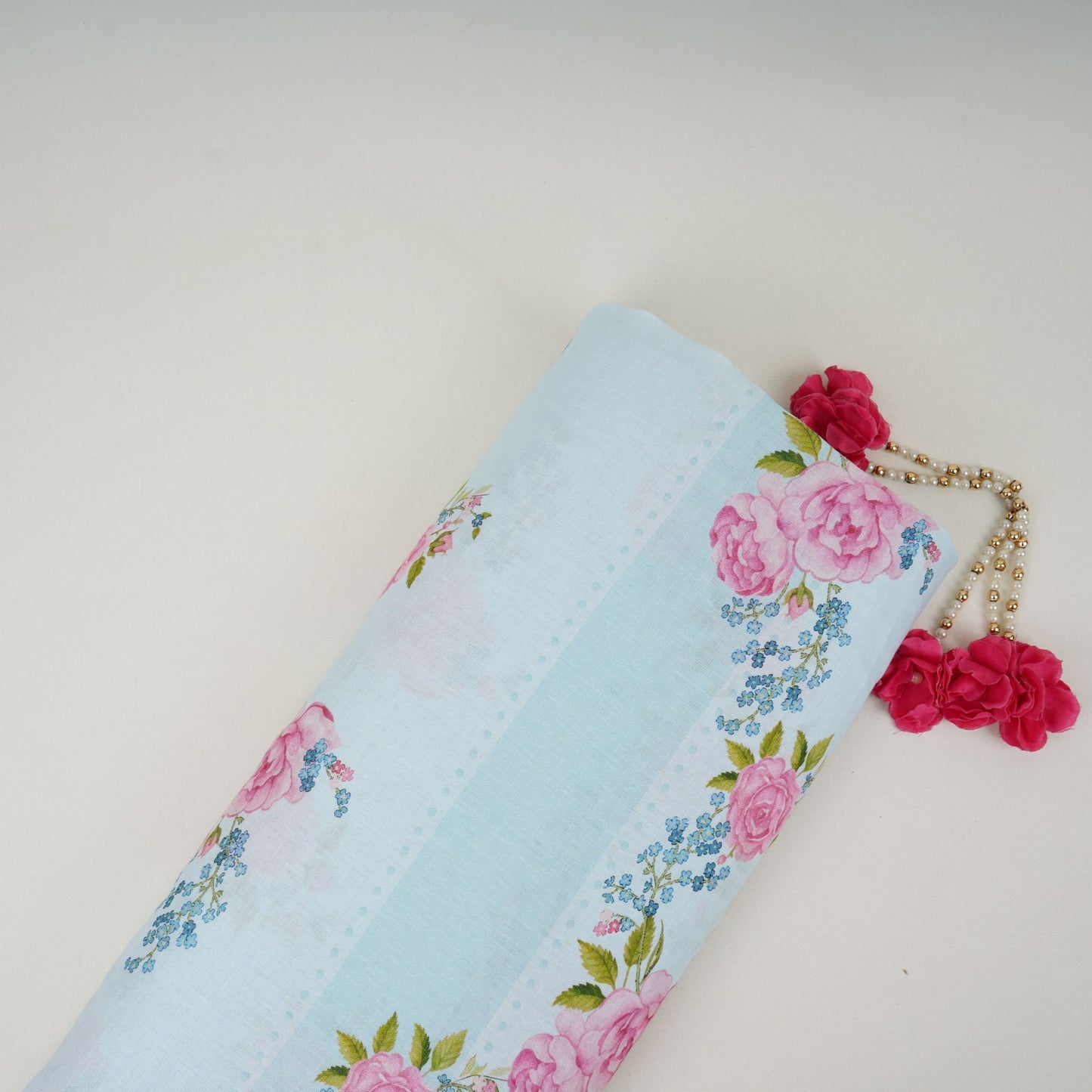 Ice Blue floral stripes print 40s Pure Linen Fabric VF-31320