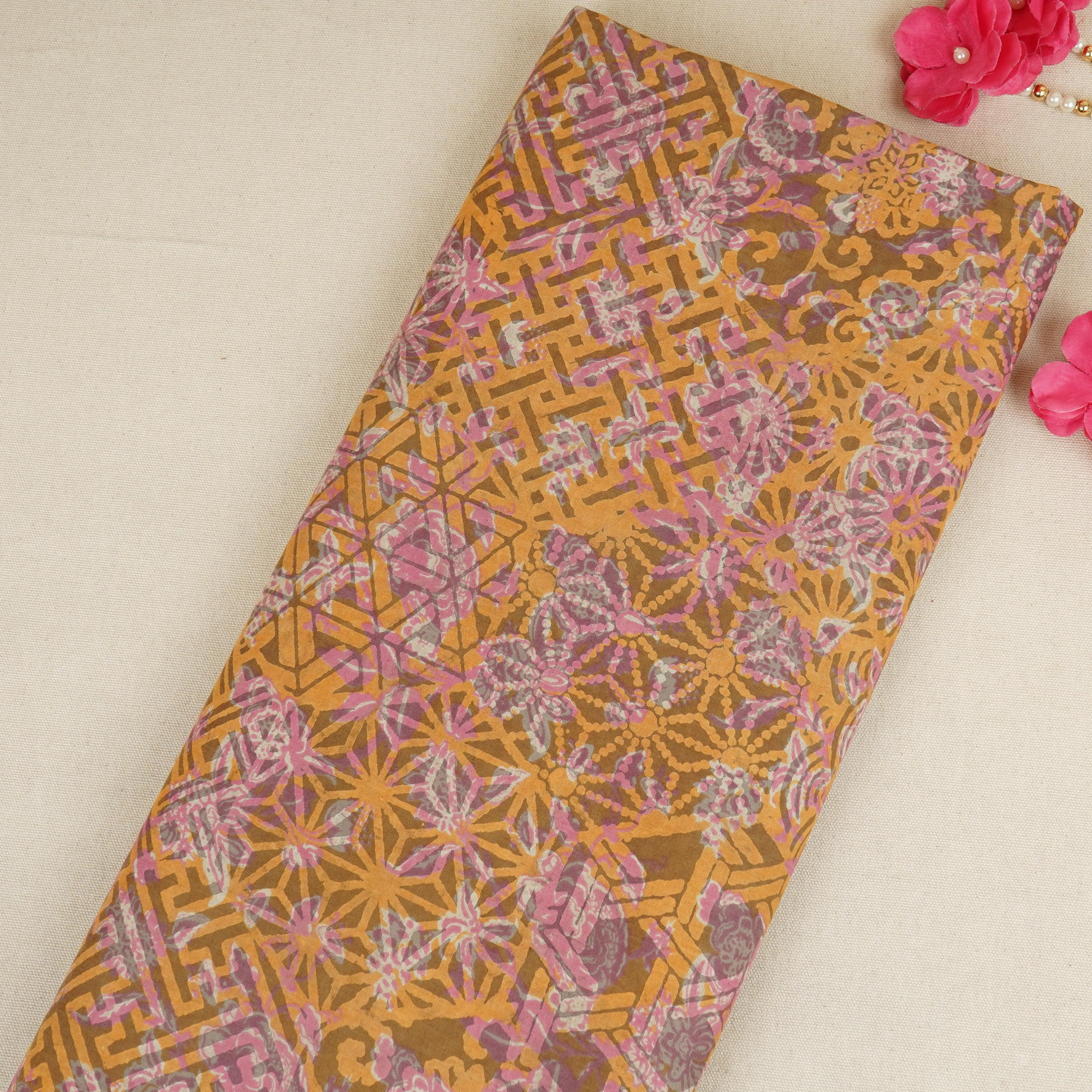 Mustard Multicolor Dabu Print Cotton Fabric AFI-29609 - TradeUNO