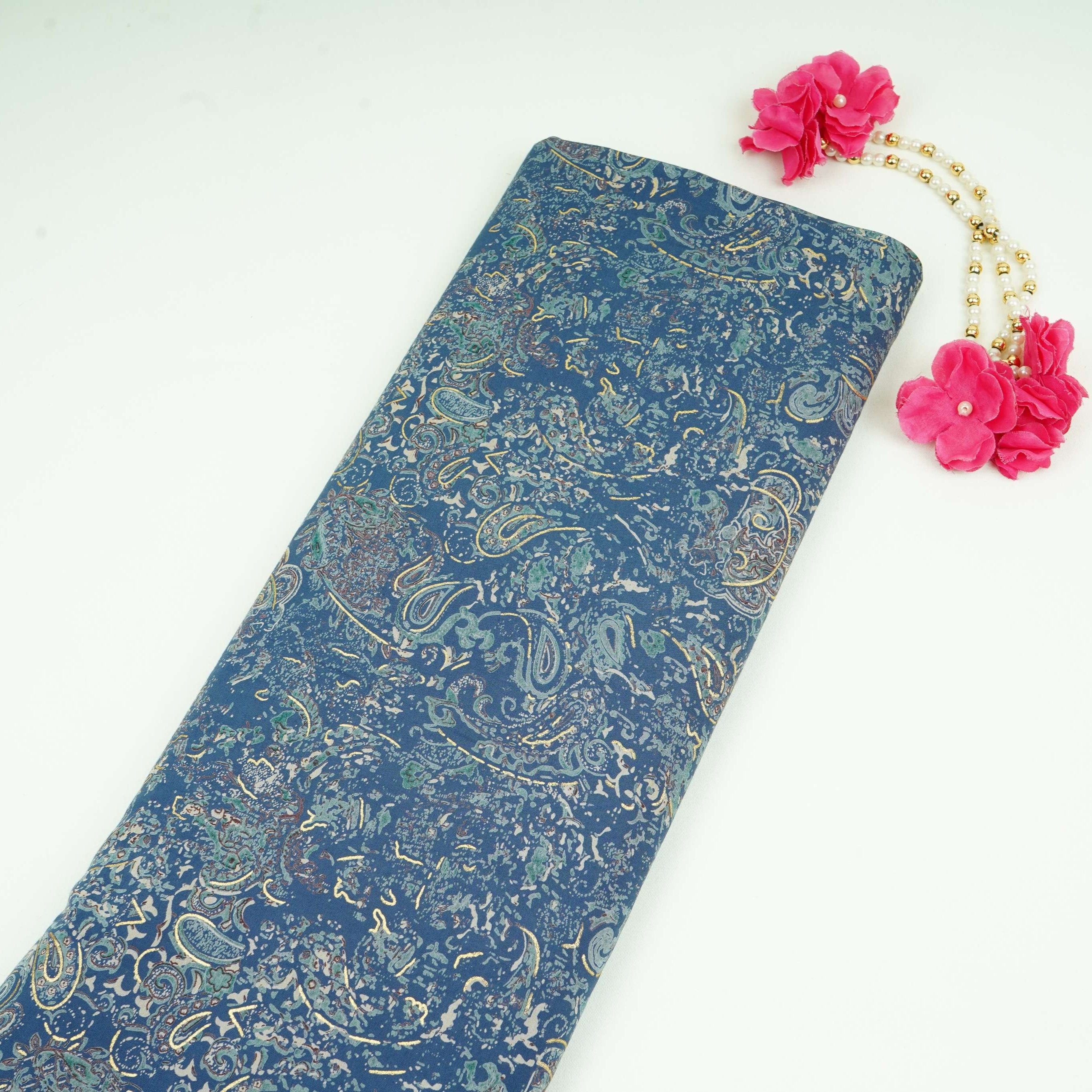 Blue Foil floral print Eri Cotton Fabric MTFG-31073 - TradeUNO