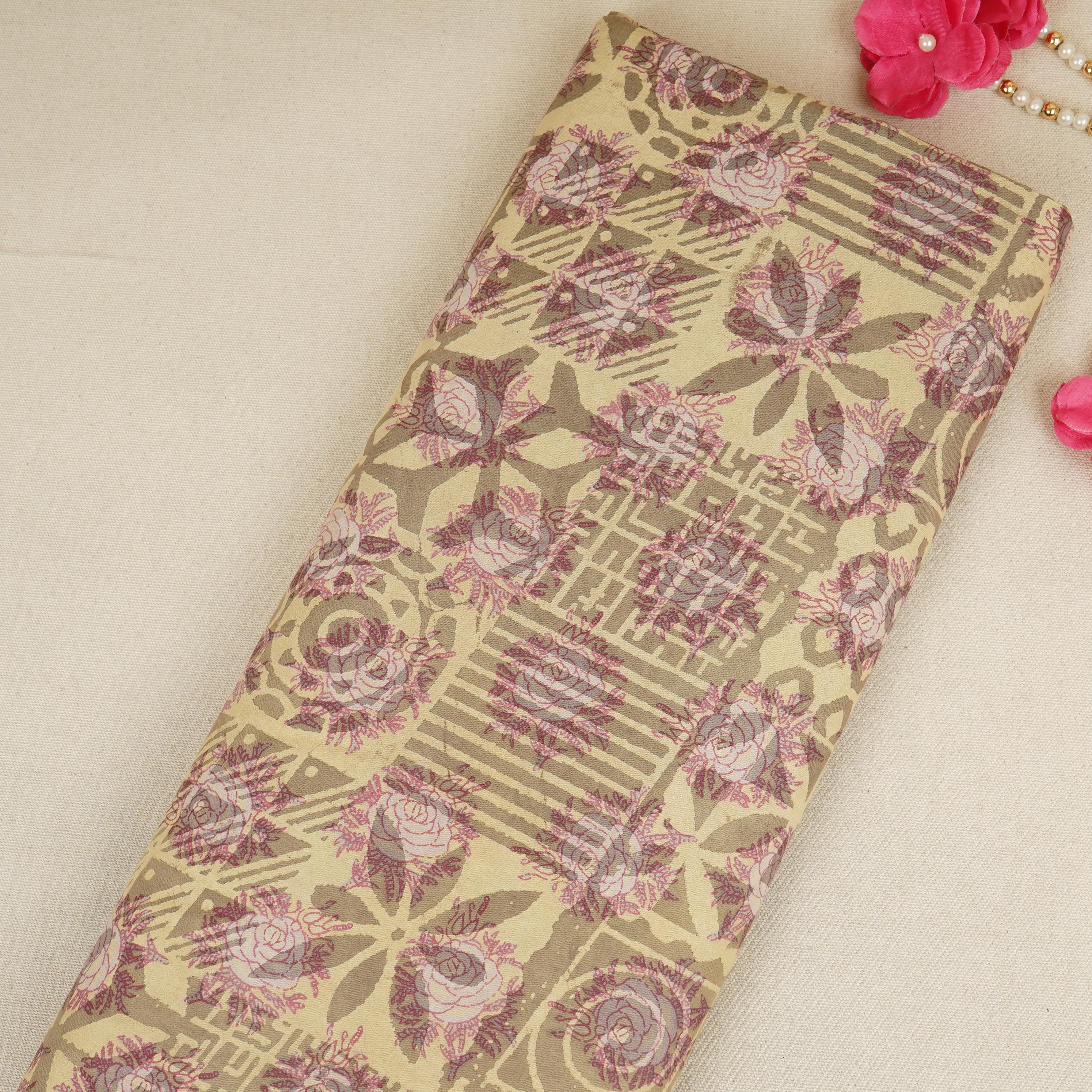 Khaki Dabu Print Cotton Fabric AFI-29607 - TradeUNO
