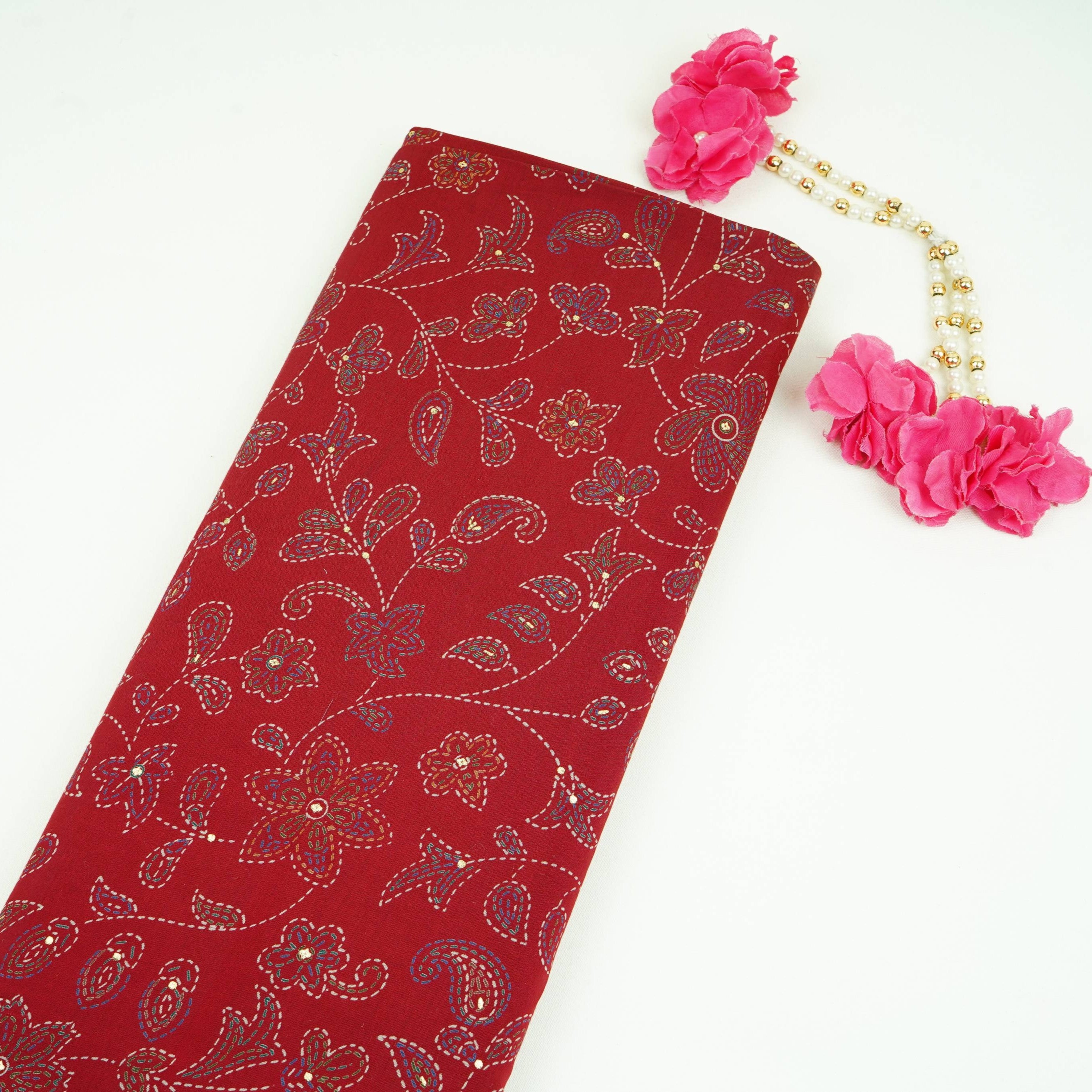 Red Foil floral print Eri Cotton Fabric MTFG-31074 - TradeUNO