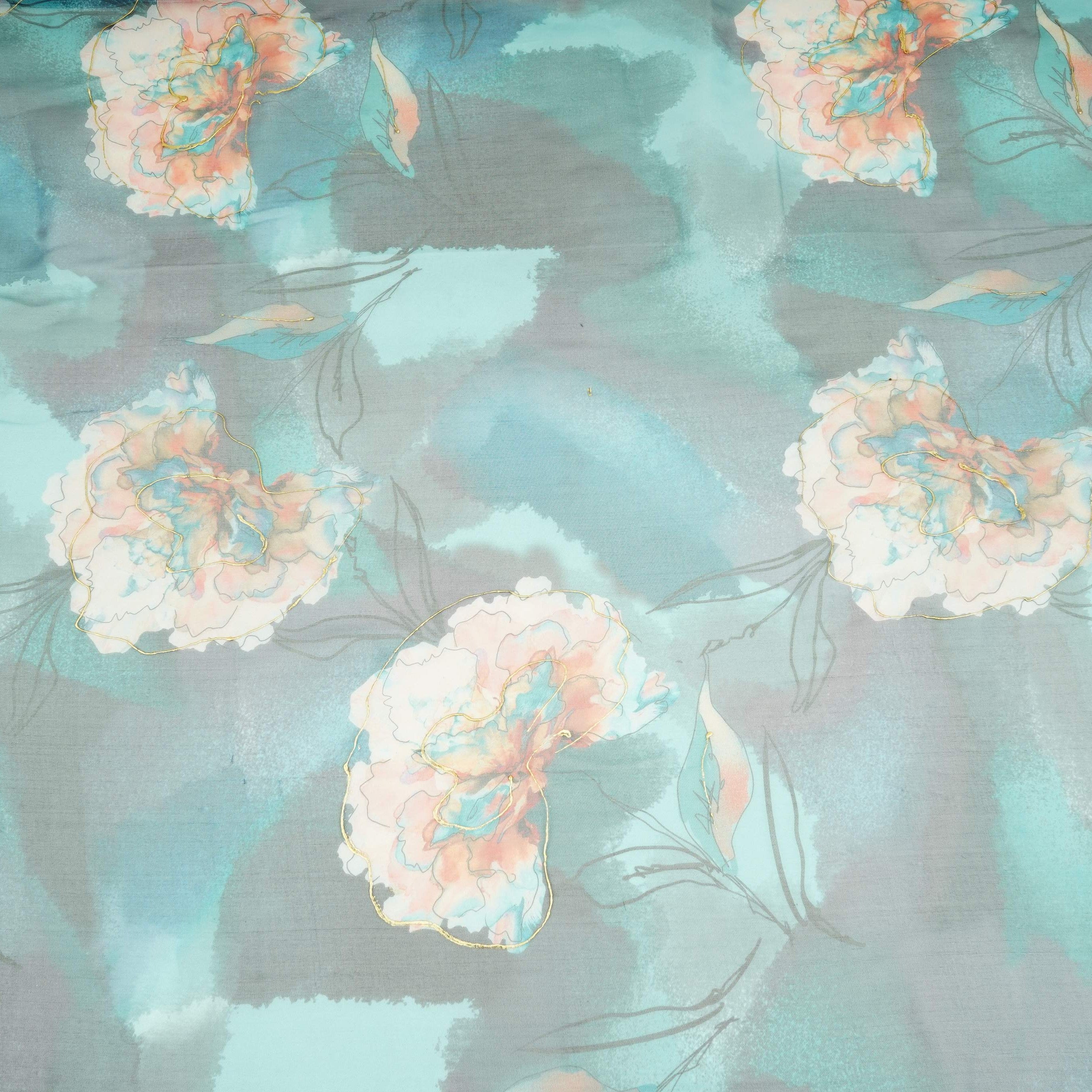 Midnight Teal Zari floral Organza Fabric MTFG-31106 - TradeUNO