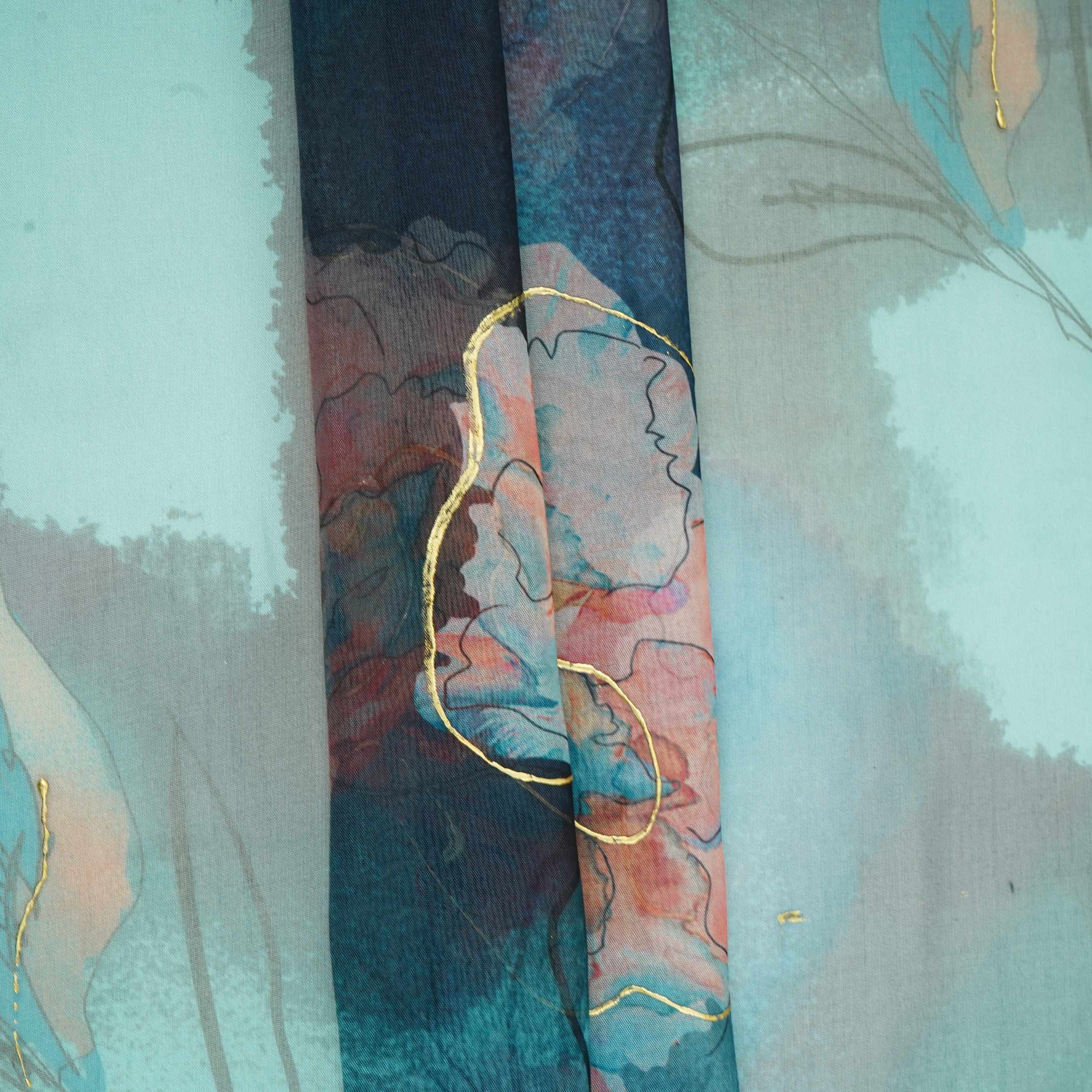 Midnight Teal Zari floral Organza Fabric MTFG-31106 - TradeUNO