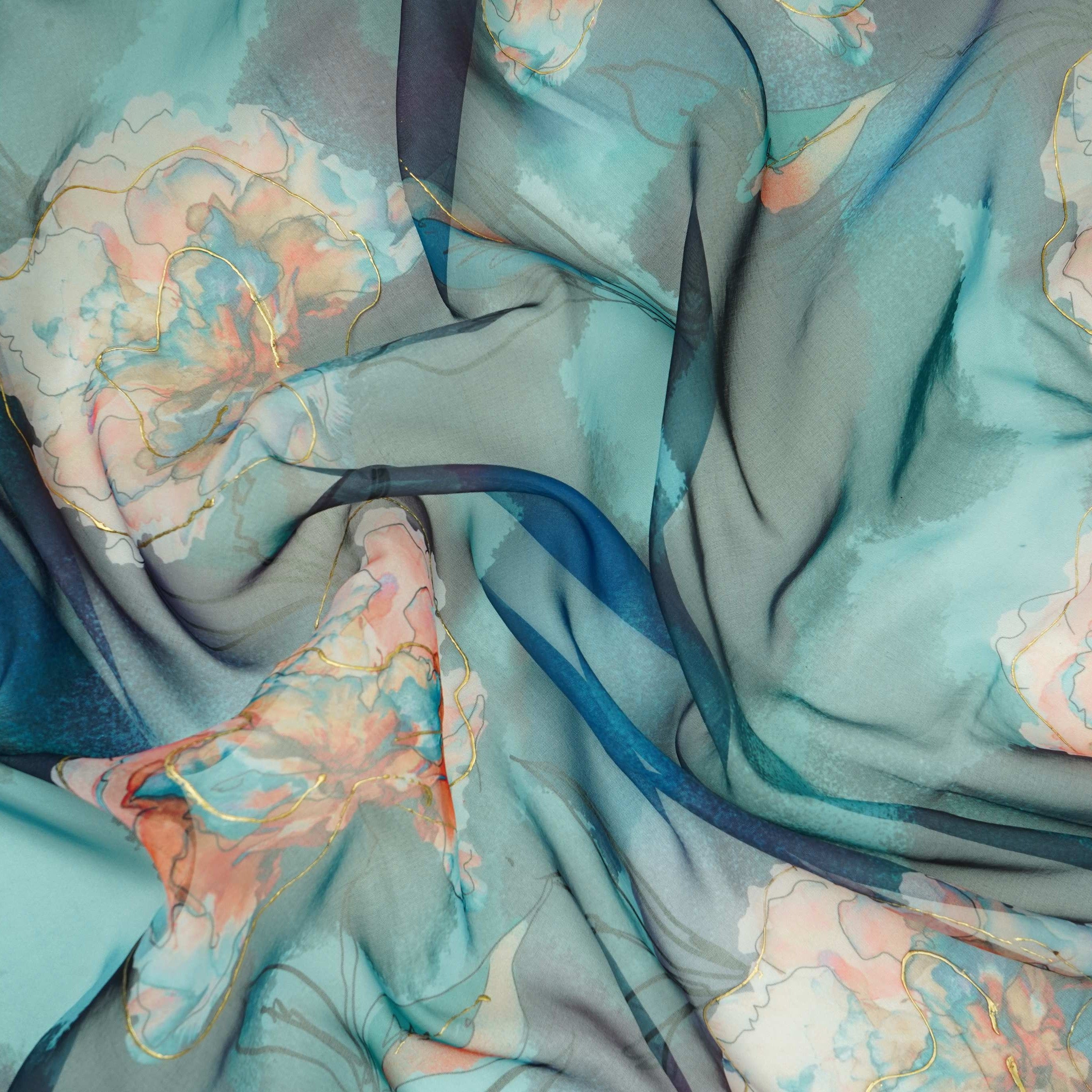 Midnight Teal Zari floral Organza Fabric MTFG-31106 - TradeUNO