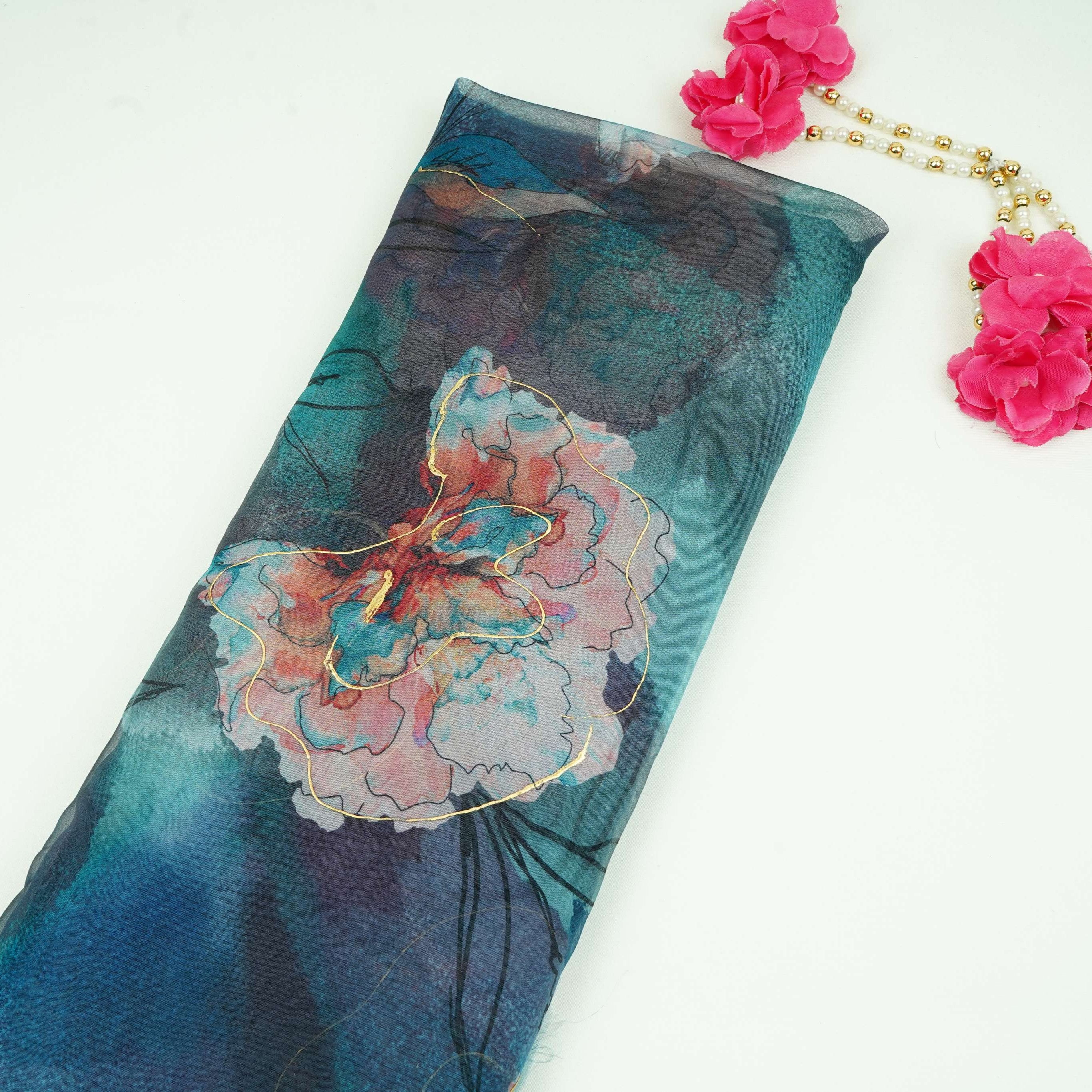 Midnight Teal Zari floral Organza Fabric MTFG-31106 - TradeUNO