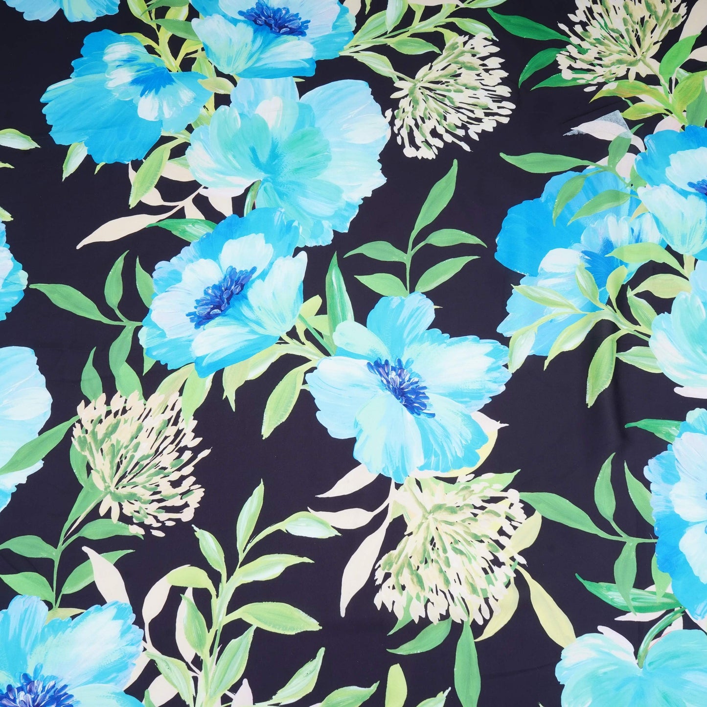 Black with Sky Blue floral print Modal Silk Fabric MTFG-31083
