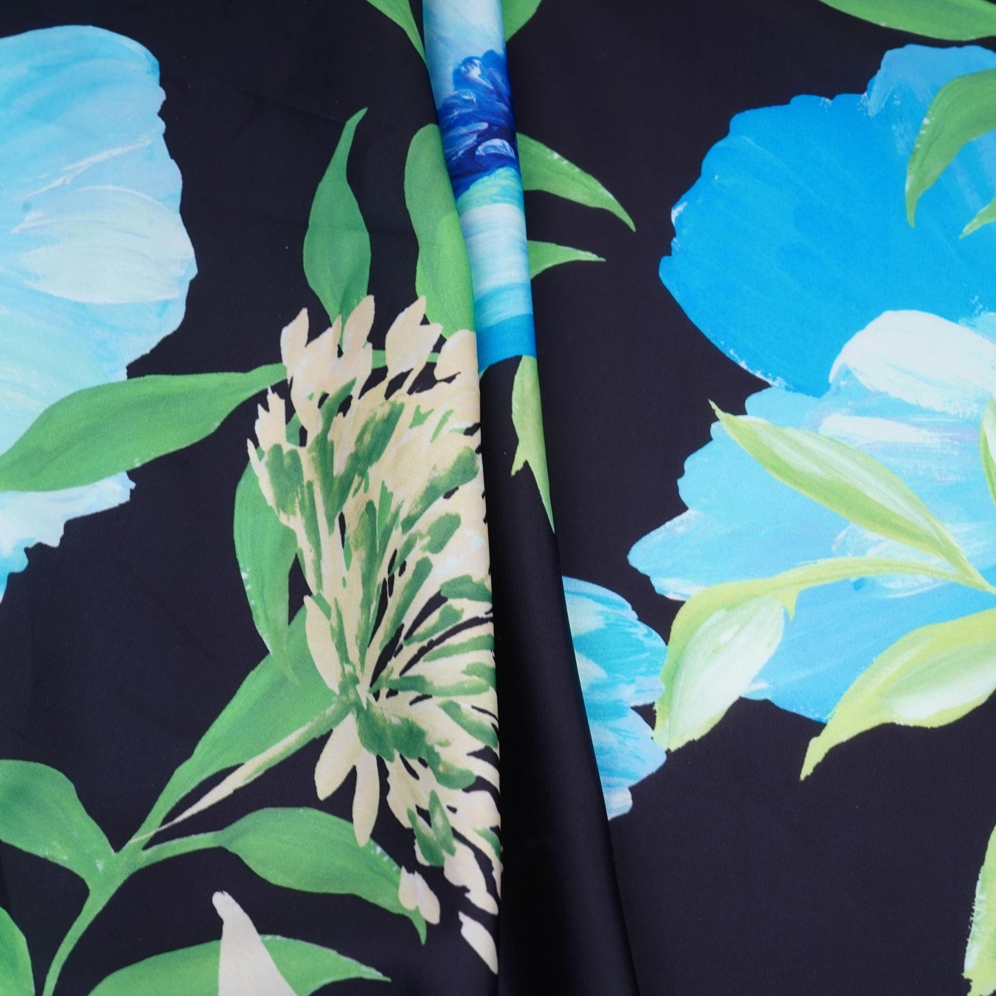 Black with Sky Blue floral print Modal Silk Fabric MTFG-31083