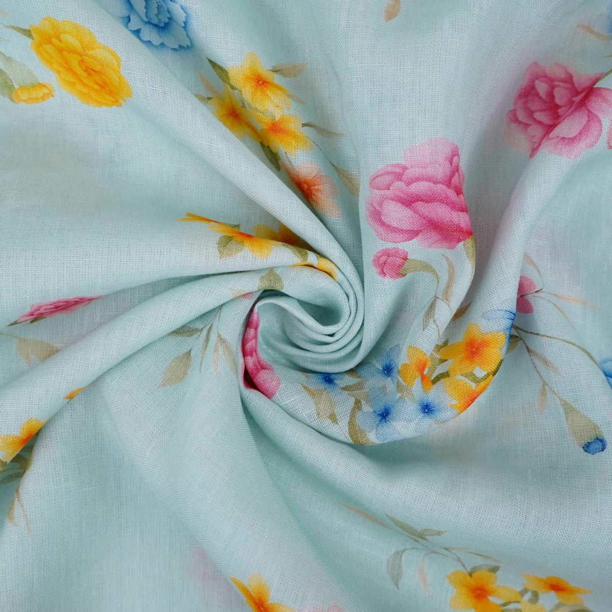 Light Aqua Blue floral print 40s Pure Linen Fabric VF-31348 - TradeUNO