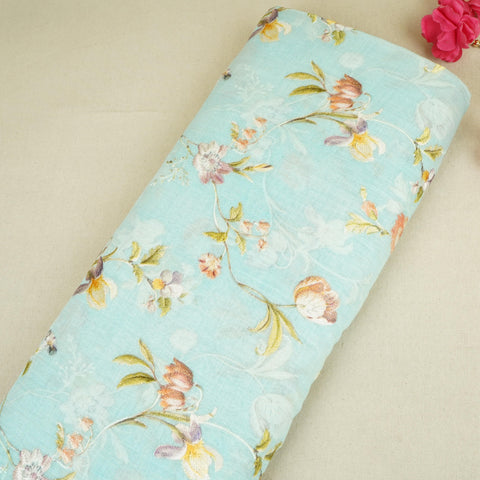 Sky Blue fine floral embroidery Mul Chanderi Fabric SNA-29631