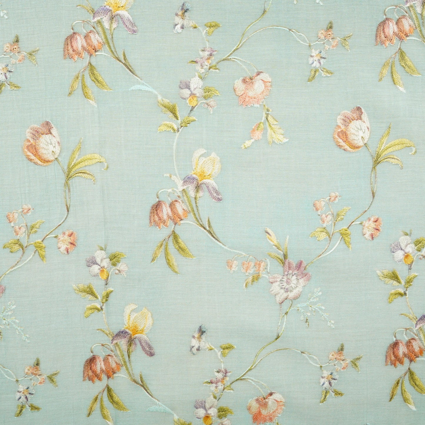Sky Blue fine floral embroidery Mul Chanderi Fabric SNA-29631