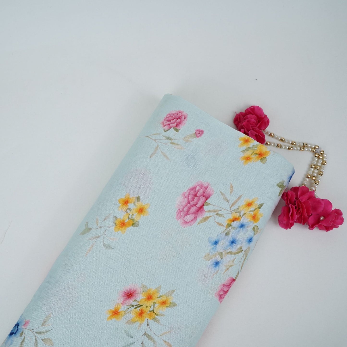 Light Aqua Blue floral print 40s Pure Linen Fabric VF-31348